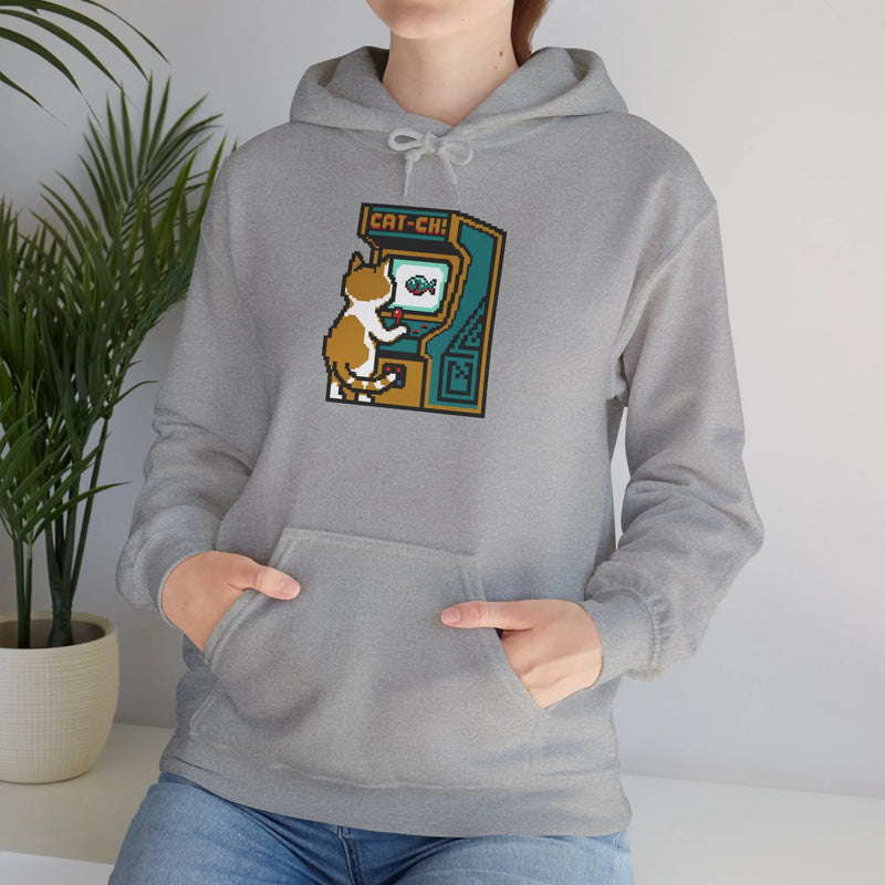 Arcade Gaming Pixel Cat Hoodie - Classic Fit Cotton Blend Pullover - Unisex White
