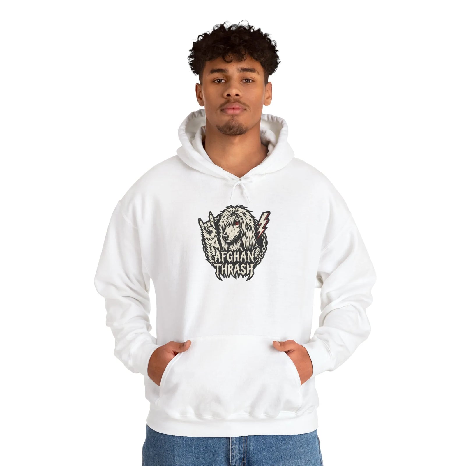 Headbanger Metal Dog Graphic Hoodie - Warm Cotton Blend Pullover - Unisex Ash