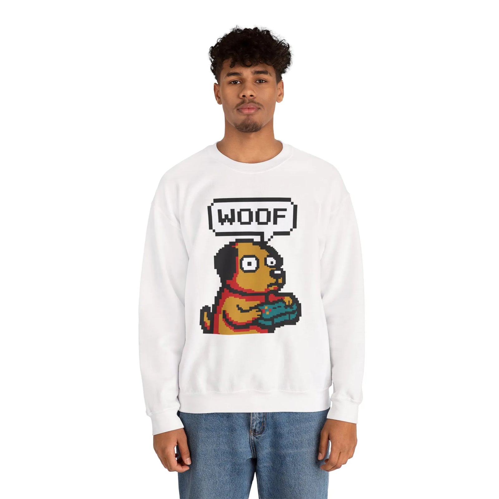 8-Bit Pixel Gaming Dogs Sweatshirt - Heavy Blend Cotton-Poly Crewneck - Unisex White
