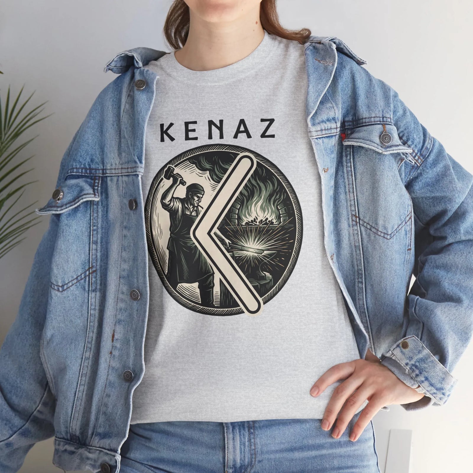 Kenaz Rune Forge Blacksmith T-Shirt - Heavyweight 100% Cotton Classic Fit Tee - Unisex White