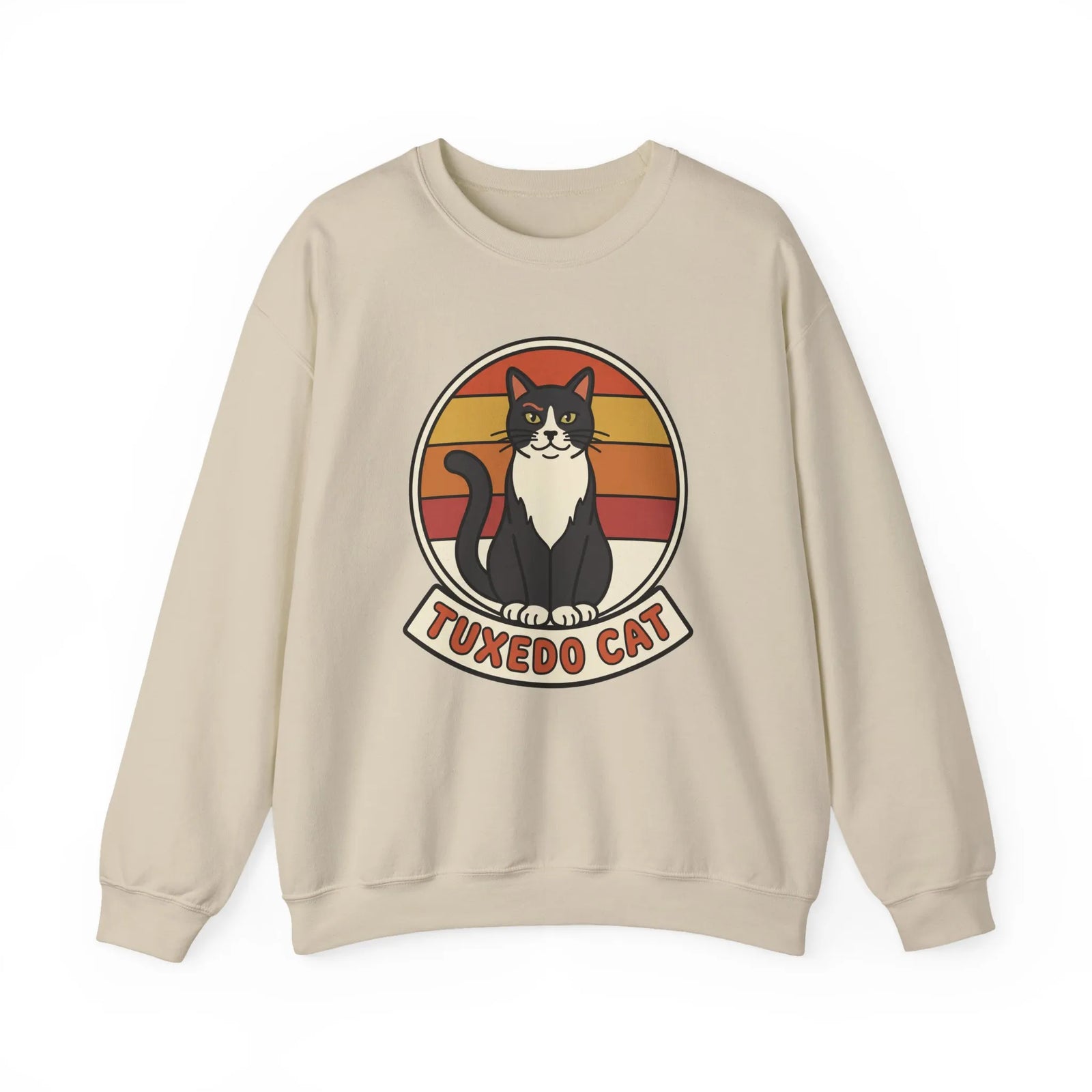 Tuxedo Cat Retro Sunset Sweatshirt - Heavy Blend Fleece Crewneck - Unisex Ash