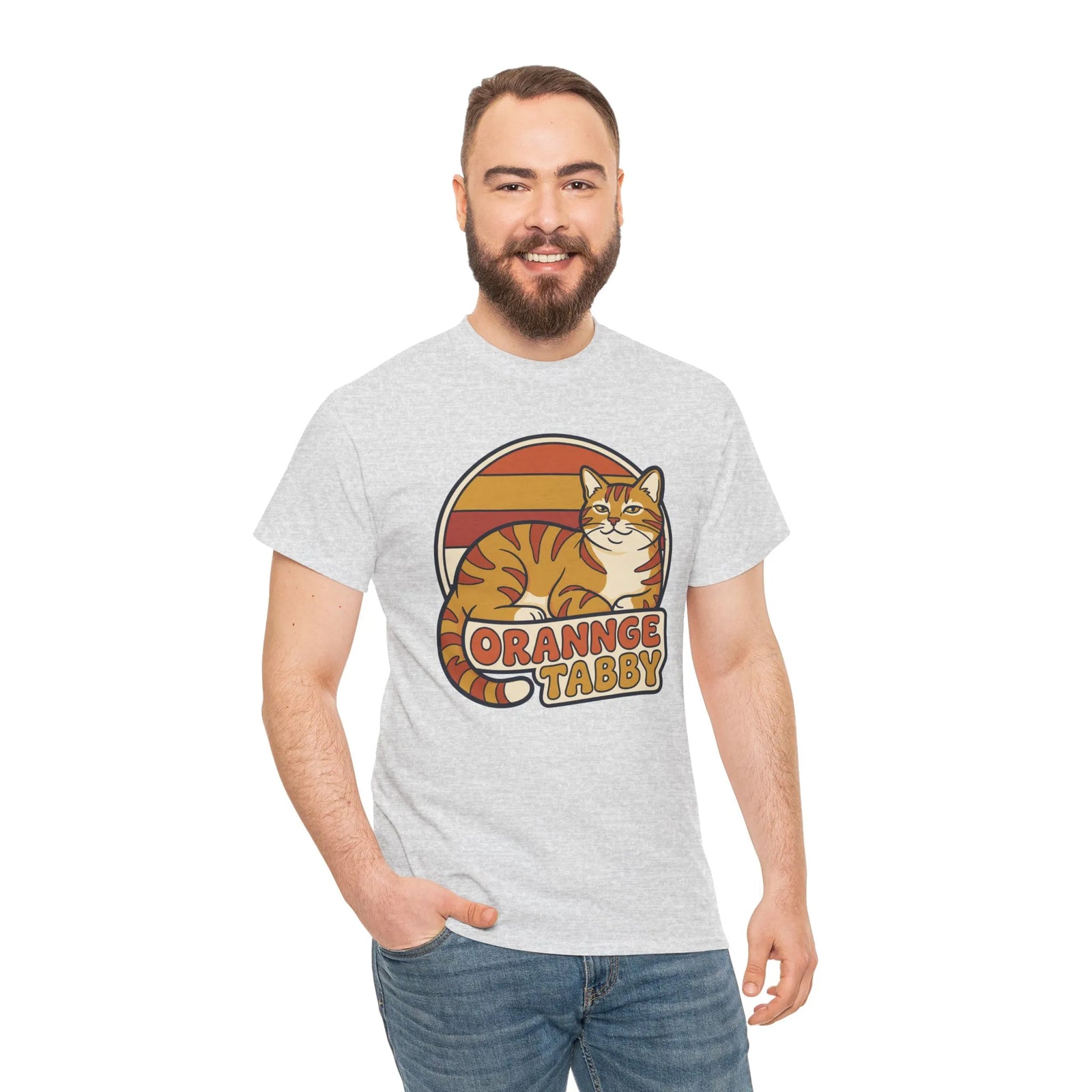 Retro 70s Sunset Orange Tabby T-Shirt - Heavyweight 100% Cotton Classic Fit - Unisex Off White