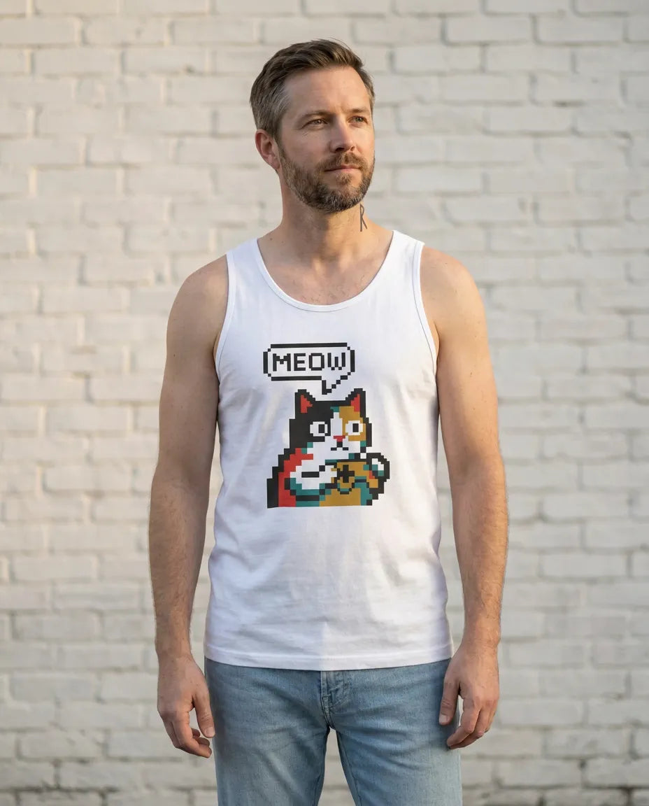 Player One 8-Bit Pixel Gaming Cats Tank Top - Lightweight Cotton Blend Jersey - Unisex White