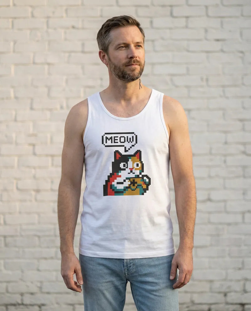 Player One 8-Bit Pixel Gaming Cats Tank Top - Lightweight Cotton Blend Jersey - Unisex White