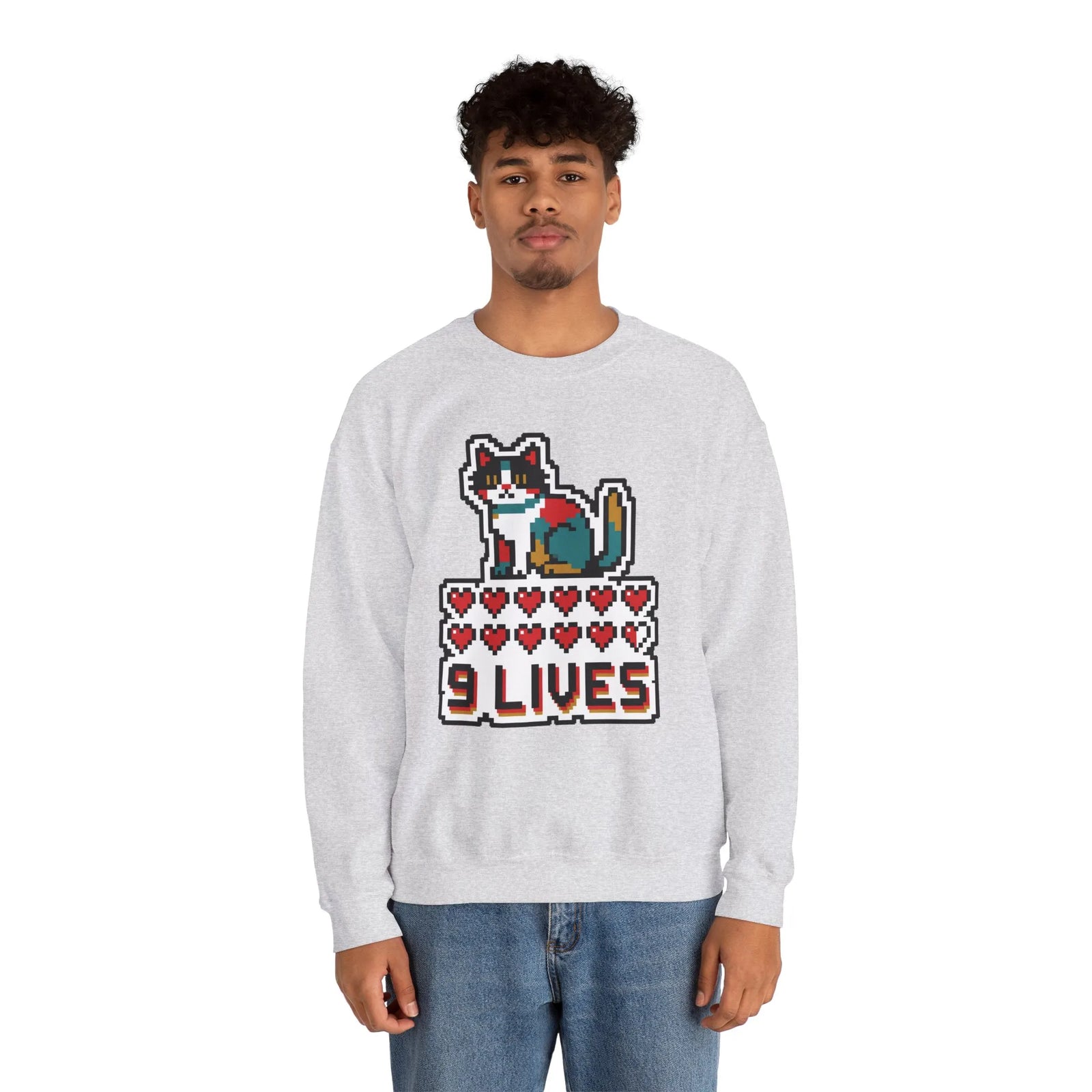 Nine Lives 8-Bit Pixel Gaming Cat Sweatshirt - Heavy Blend Fleece Crewneck - Unisex White