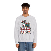 Nine Lives 8-Bit Pixel Gaming Cat Sweatshirt - Heavy Blend Fleece Crewneck - Unisex White