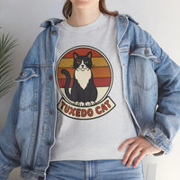 Tuxedo Cat Retro Sunset Graphic T-Shirt - Heavy Cotton Classic Fit Tee - Unisex White