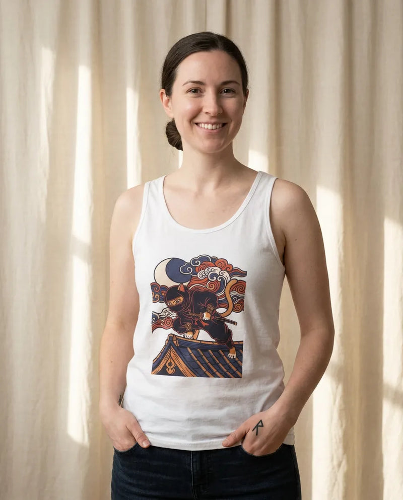Ninja Cat Ukiyo-e Samurai Tank Top - Lightweight Jersey Retail Fit - Unisex Athletic Heather