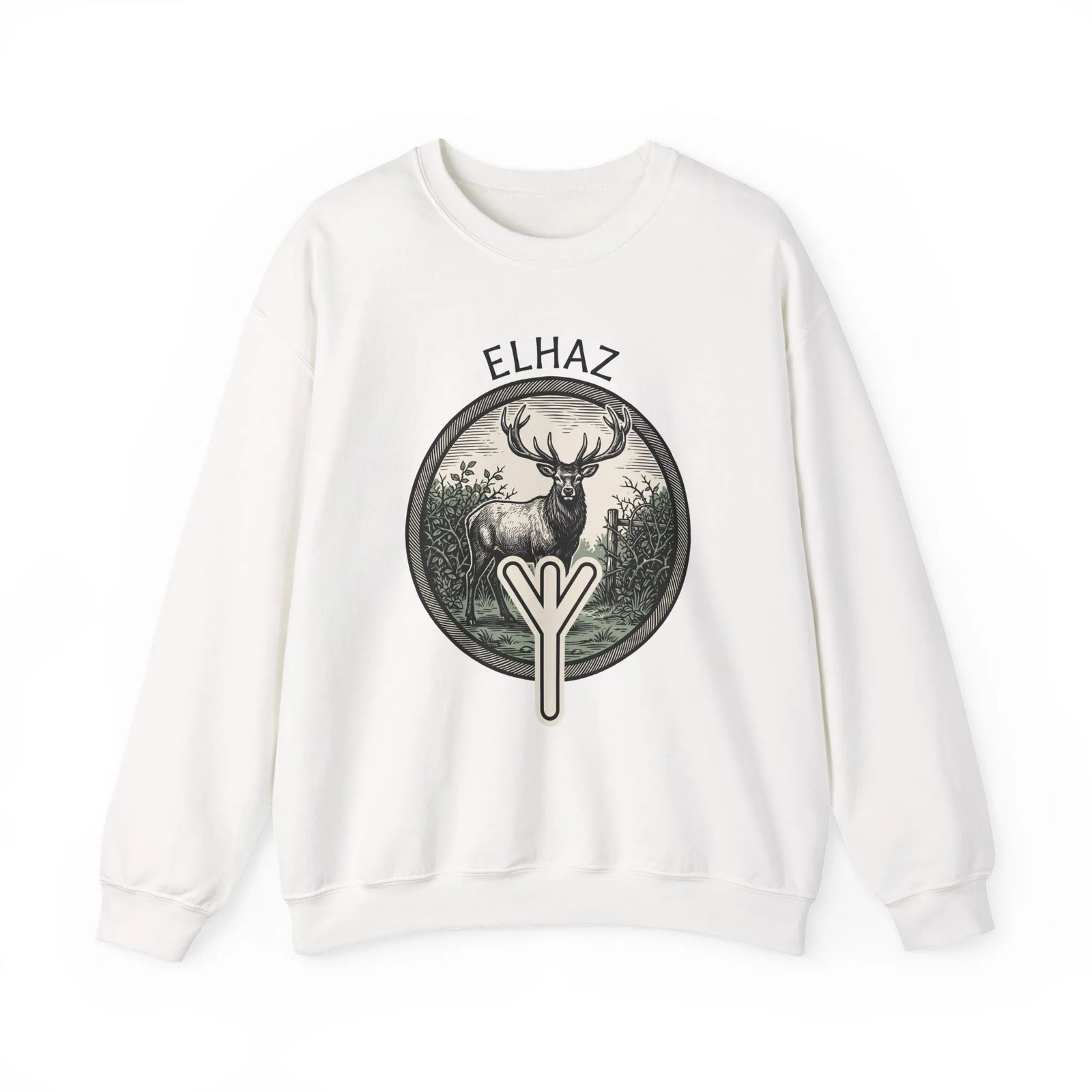 Elhaz Rune Protection Stag Sweatshirt - Medium-Heavy Cotton-Poly Crewneck - Unisex White