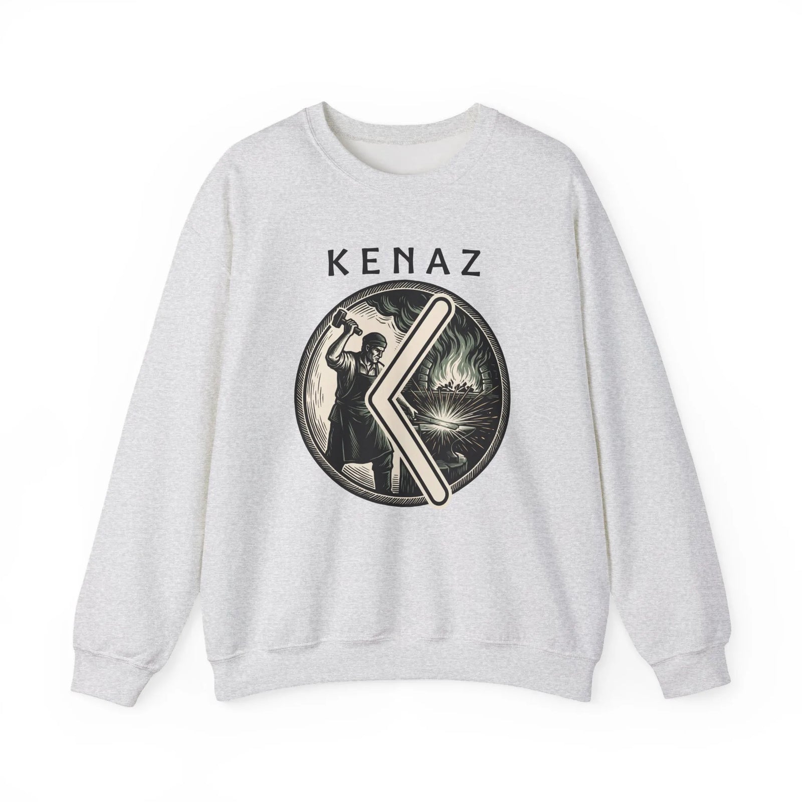 Kenaz Rune Blacksmith Forge Sweatshirt - Soft Cotton Blend Crewneck Fleece - Unisex White
