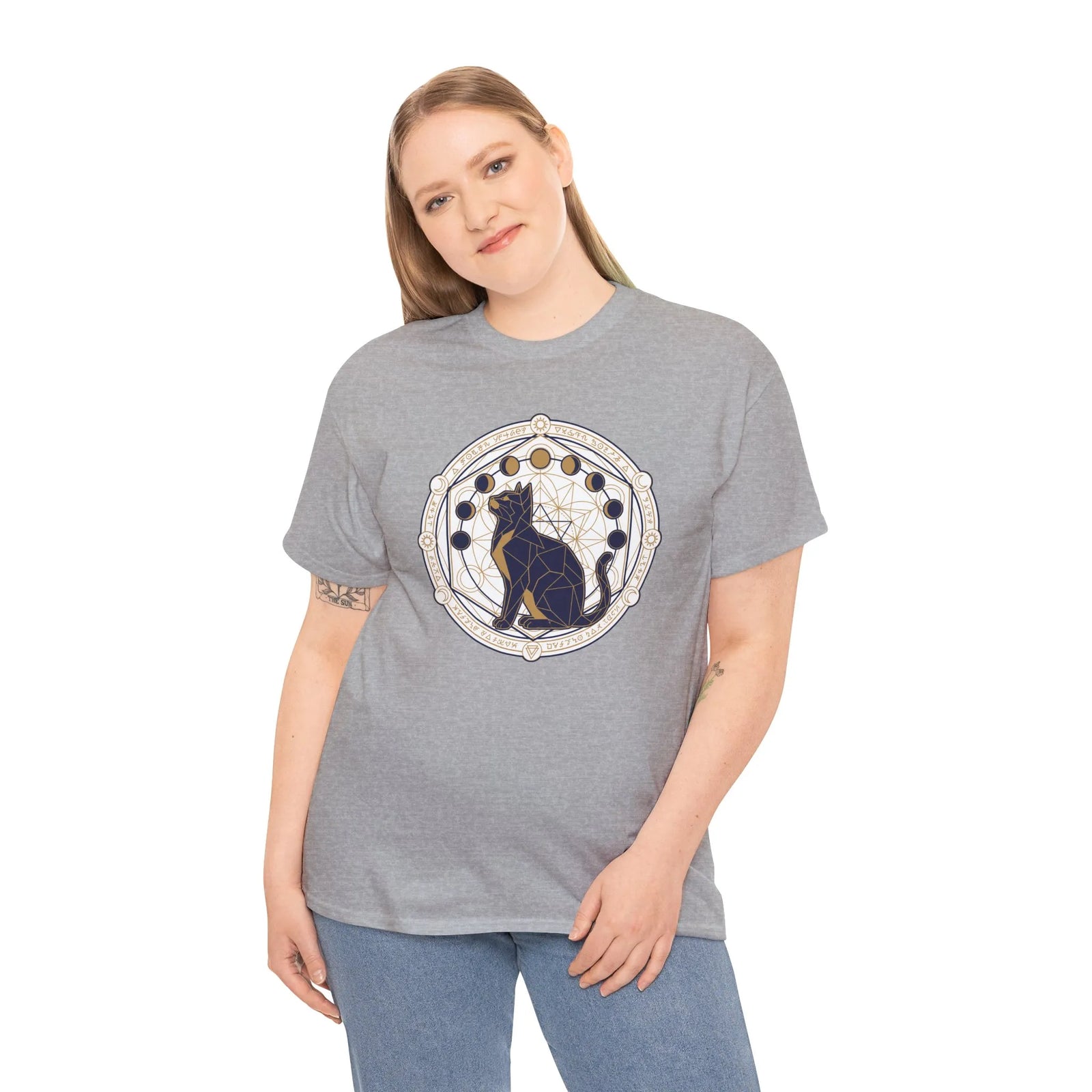 Moon Phases Sacred Geometry Cat Graphic T-Shirt - Heavy Cotton Classic Fit Tee - Unisex White
