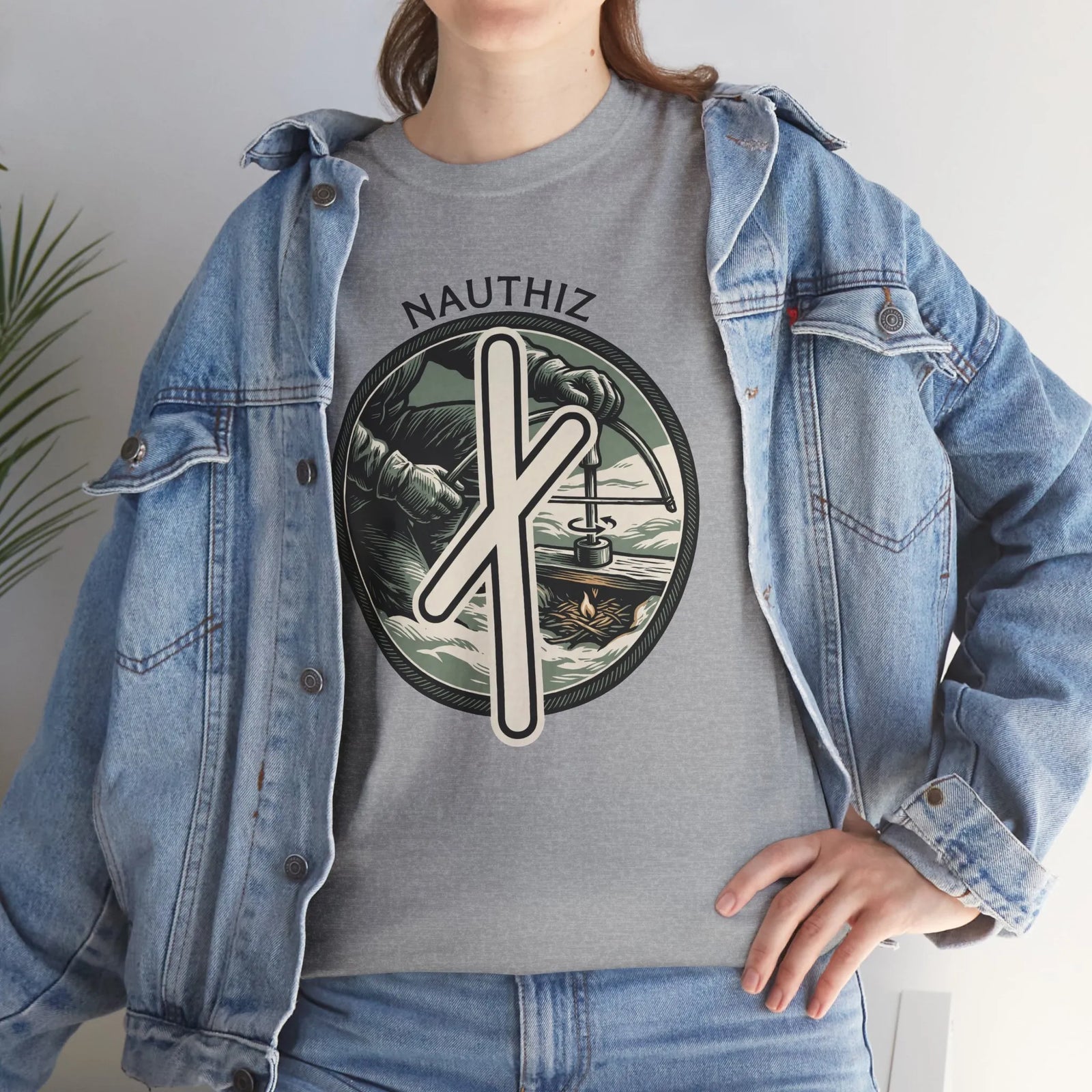 Nauthiz Rune Need Fire T-Shirt - Heavyweight Classic Fit Cotton Tee - Unisex White