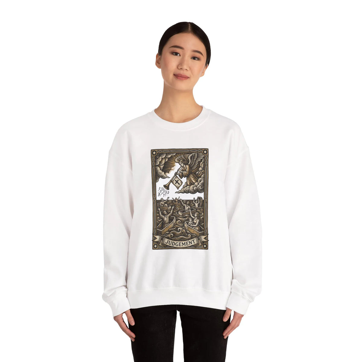 Judgement Tarot Card Graphic Sweatshirt - Heavy Blend Classic Fit Crewneck - Unisex White