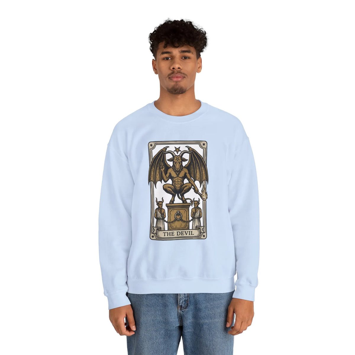Devil Tarot Card Graphic Sweatshirt - Heavy Blend Fleece Crewneck - Unisex White