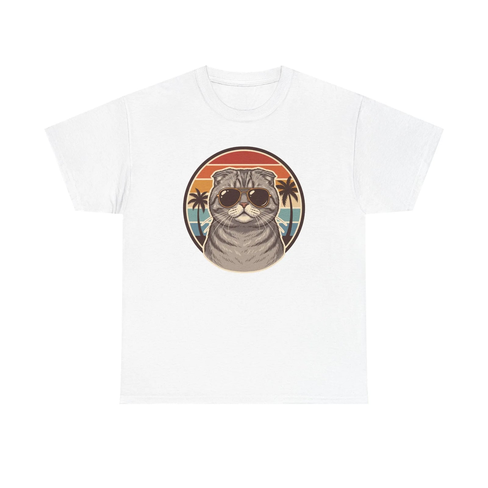 Scottish Fold Cat 70s Aviator T-Shirt - Heavy Cotton Classic Fit Crewneck - Unisex White