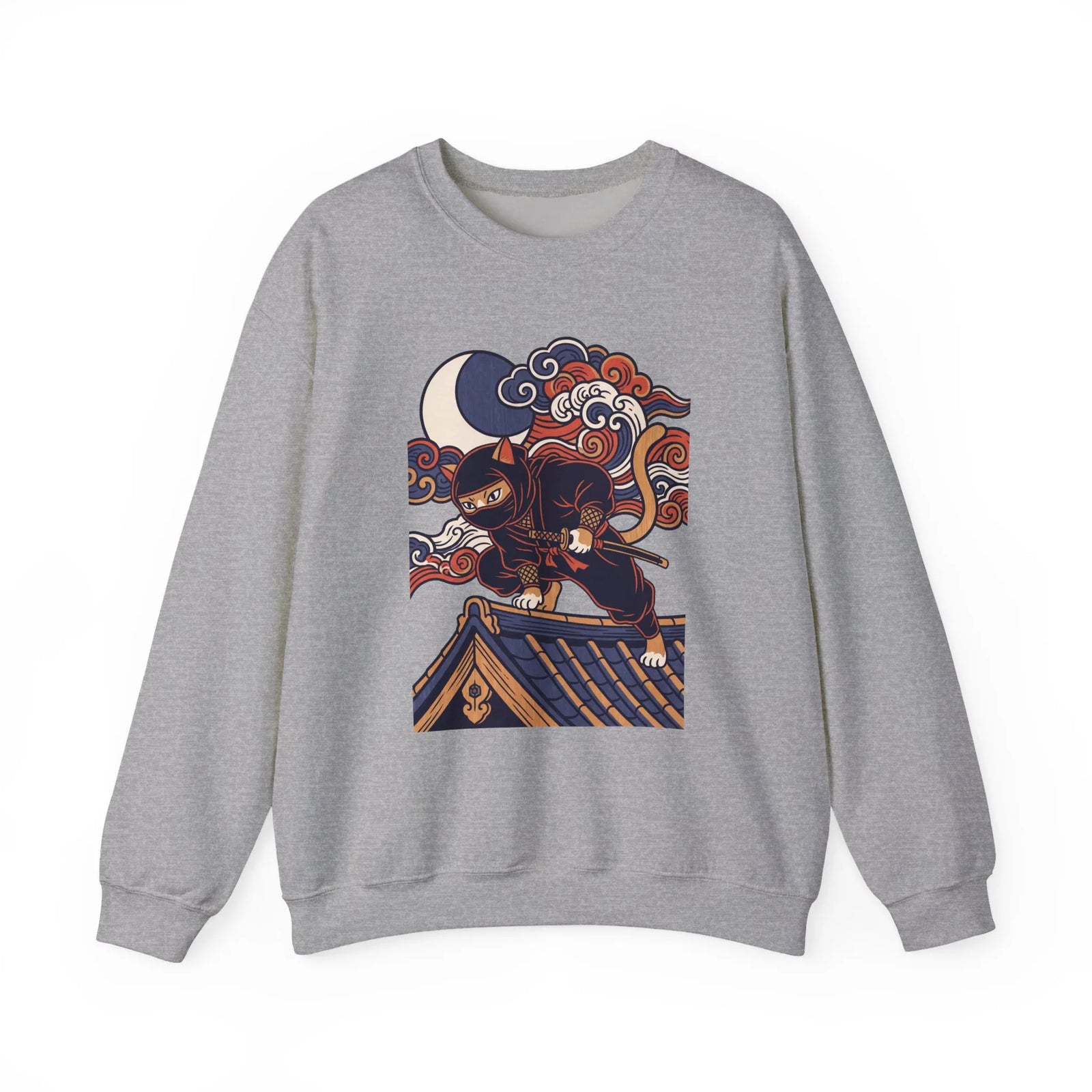 Ninja Cat Ukiyo-e Samurai Sweatshirt - Soft Heavyweight Fleece Crewneck - Unisex White