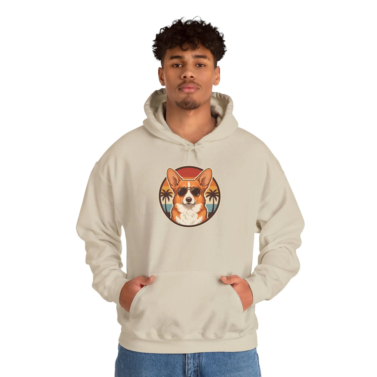 Corgi Aviator Retro Sunset Hoodie - Heavyweight Fleece Pullover - Unisex White