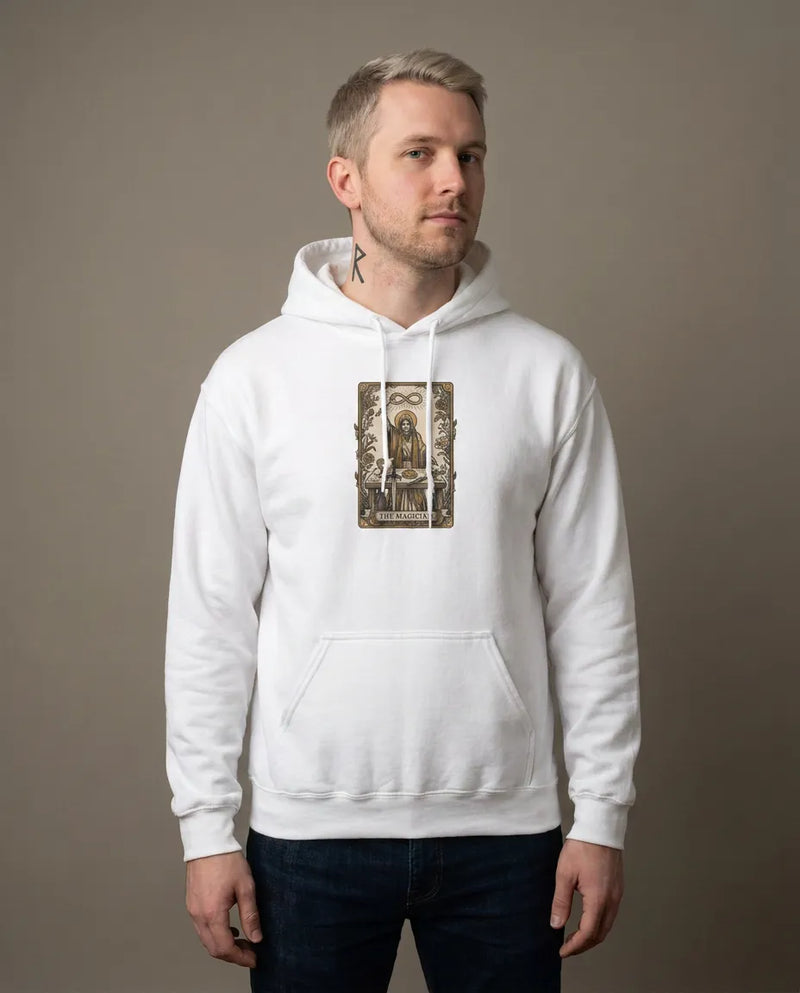 The Magician Tarot Card Hoodie - Cozy Fleece Pullover - Unisex White