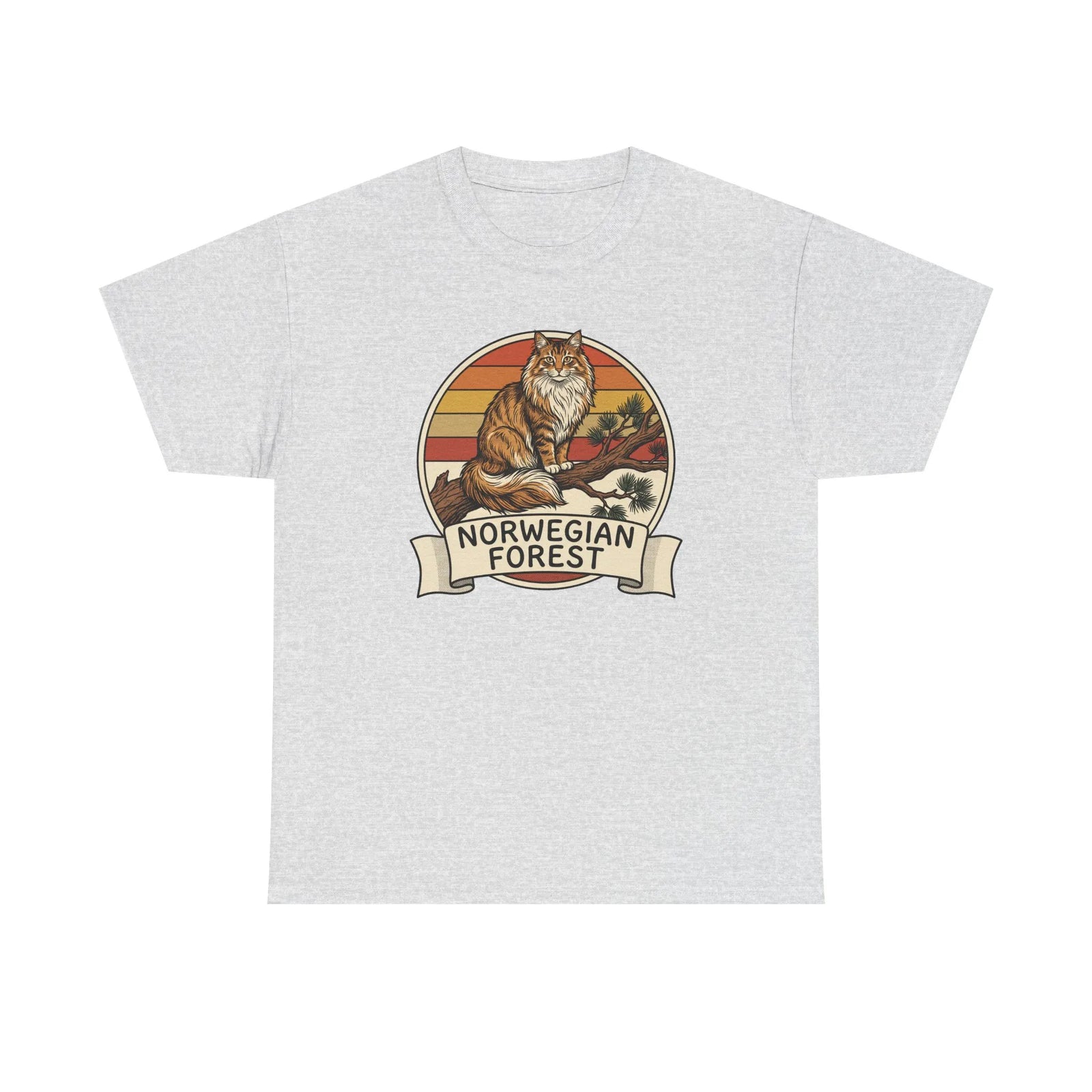 Norwegian Forest Cat Retro Sunset T-Shirt - Heavy Cotton Classic Fit Tee - Unisex White