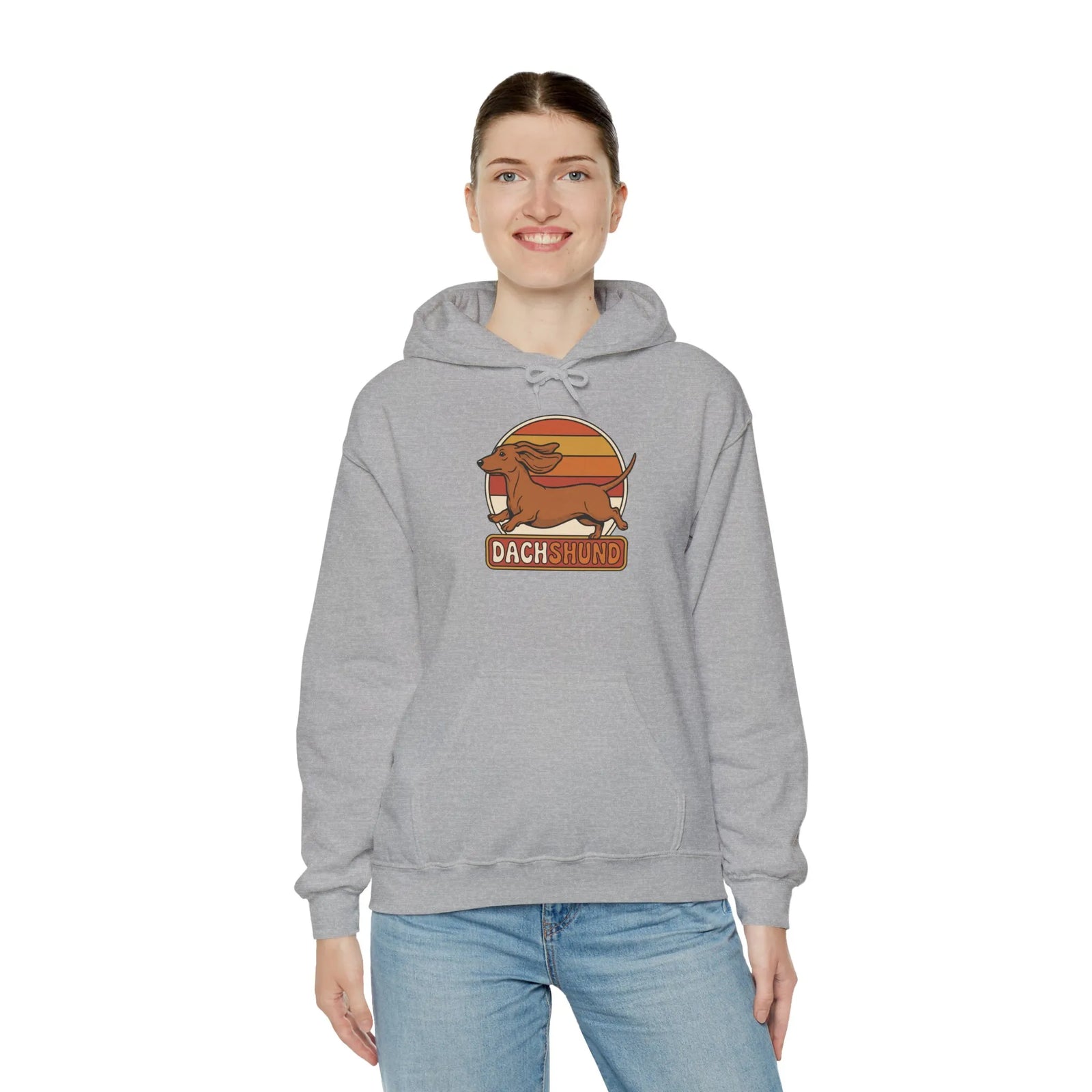Dachshund Retro 70s Sunset Hoodie - Classic Fit Fleece Pullover - Unisex White