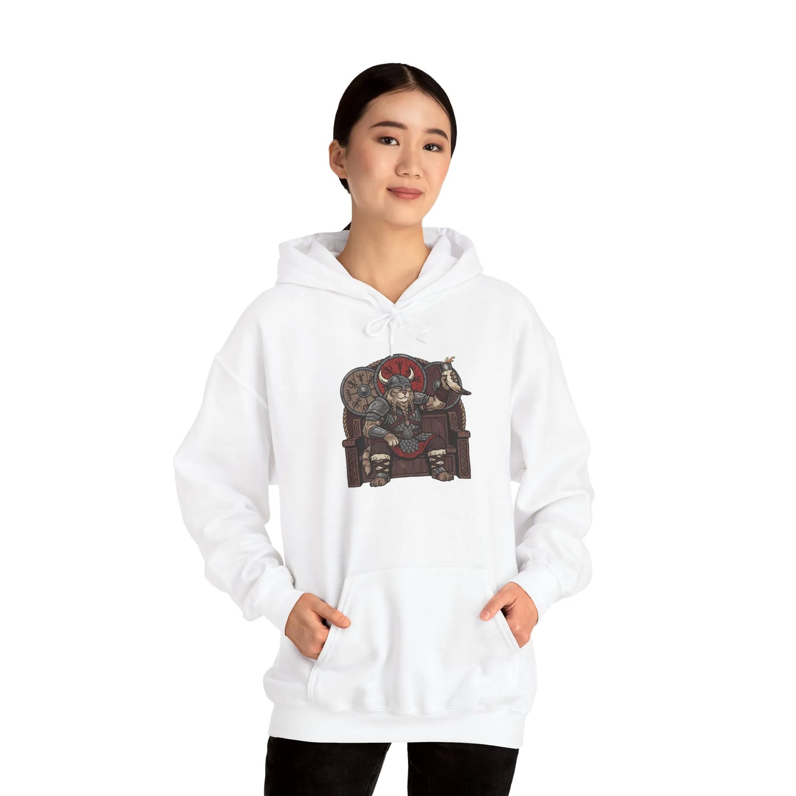 Viking Berserker Cat Graphic Hoodie - Cozy Heavy Blend Fleece Pullover - Unisex Sport Grey