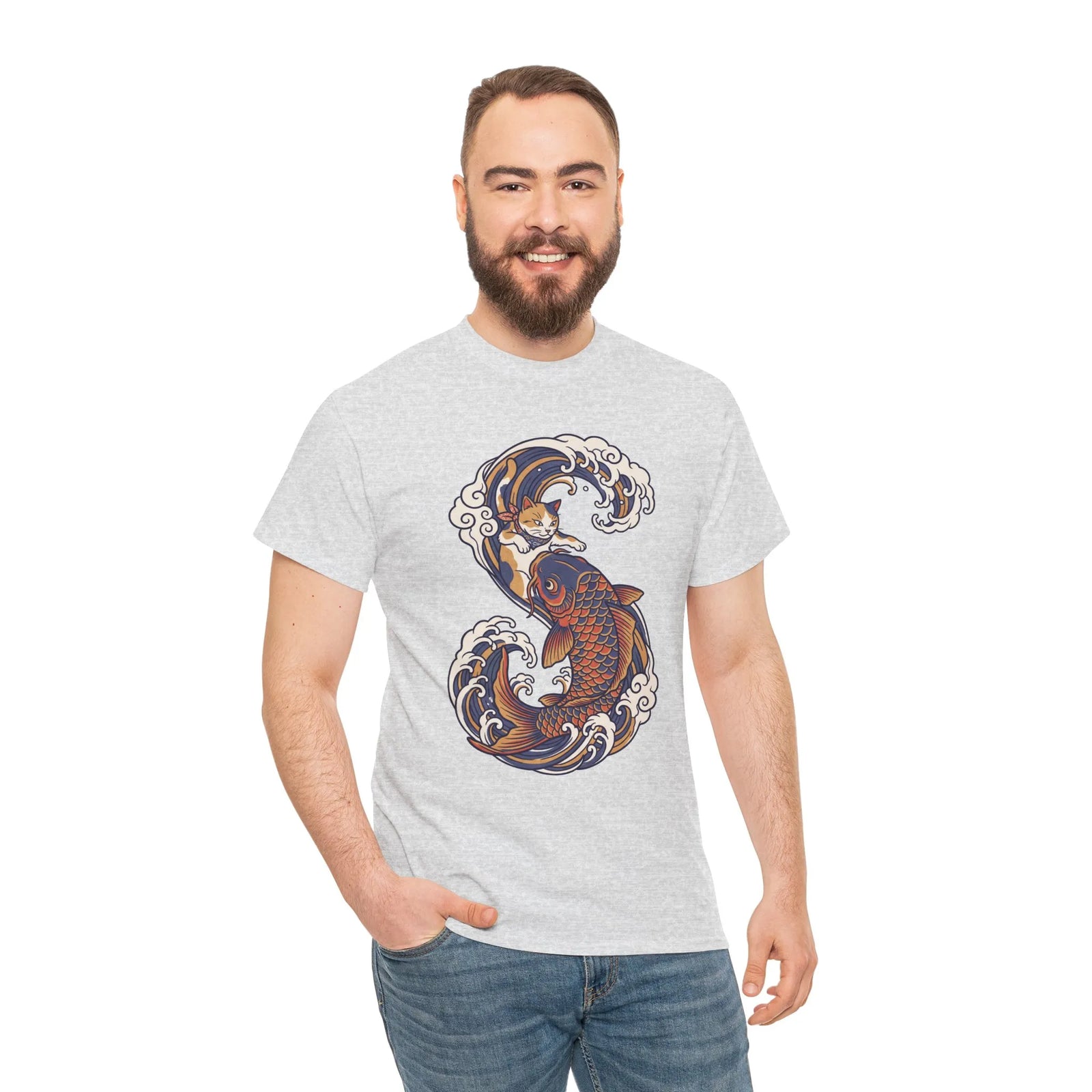 Koi Rider Ukiyo-e Samurai Cat T-Shirt - Heavy Cotton Classic Fit Tee - Unisex White