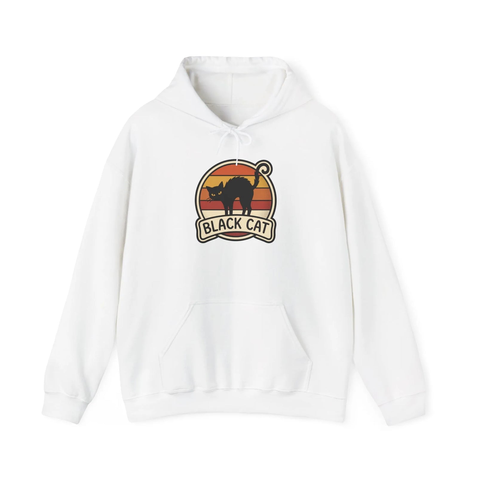 Black Cat Retro Sunset Hoodie - Heavy Blend Cotton-Poly Fleece - Unisex White