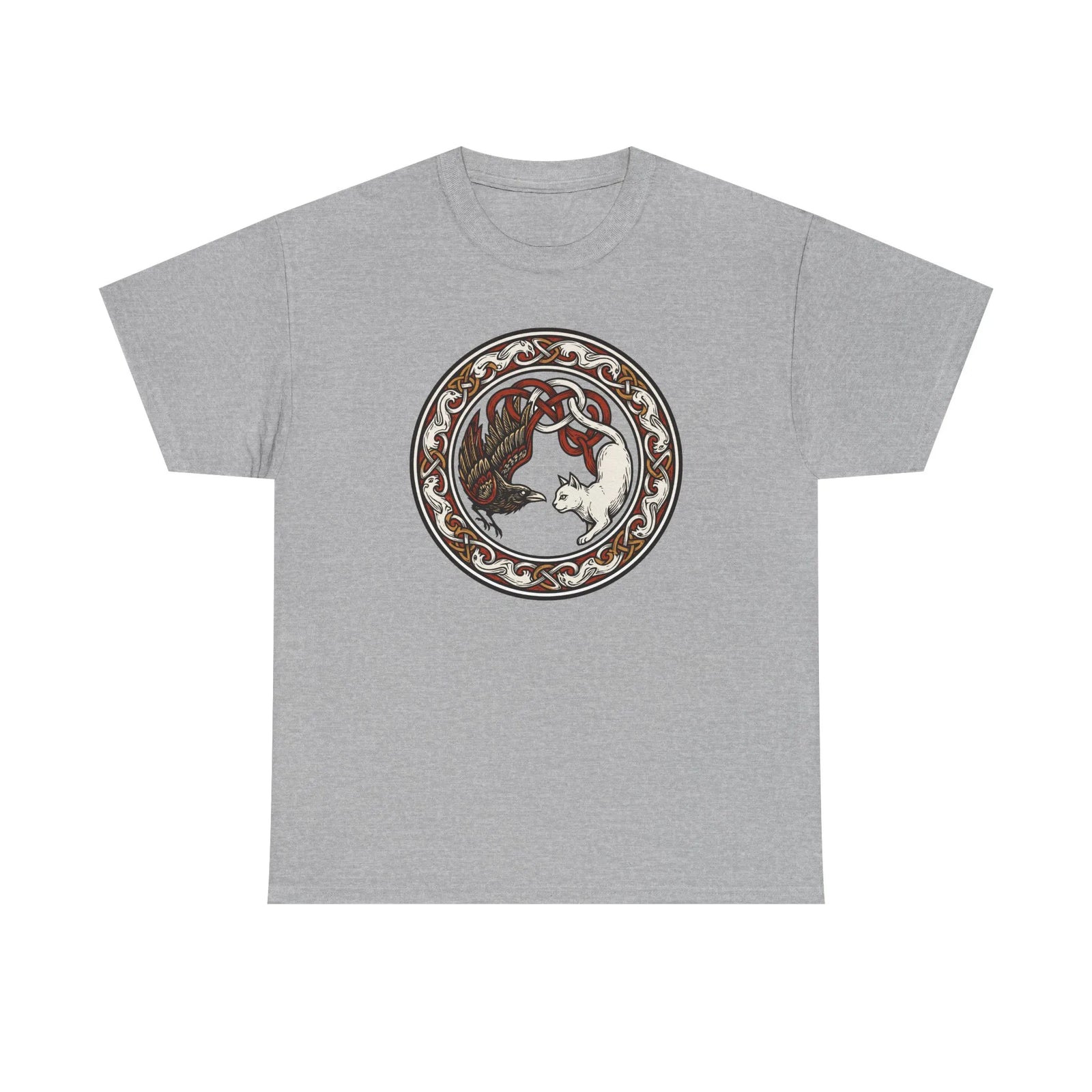 Norse Cat & Raven Woodcut T-Shirt - Heavy Cotton Classic Fit Tee - Unisex White