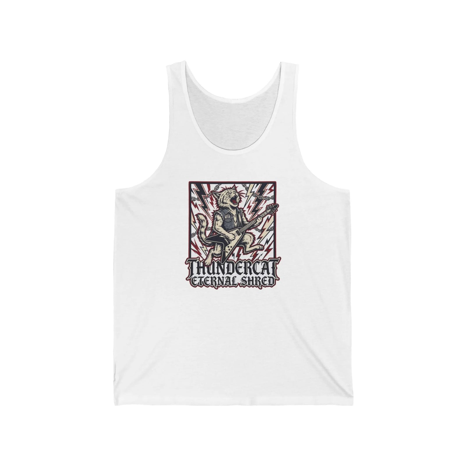 Heavy Metal Rocker Cat Guitar Solo Tank Top - Lightweight Airlume Cotton Jersey - Unisex White