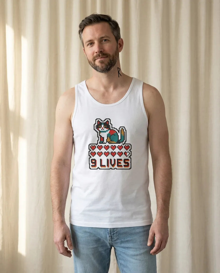 Nine Lives 8-Bit Gaming Cat Tank Top - Lightweight Combed Cotton Jersey - Unisex White