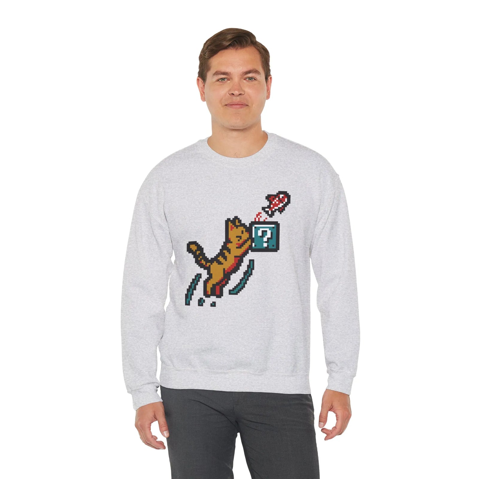 8-Bit Pixel Gaming Cats Sweatshirt - Heavy Blend Fleece Crewneck - Unisex White