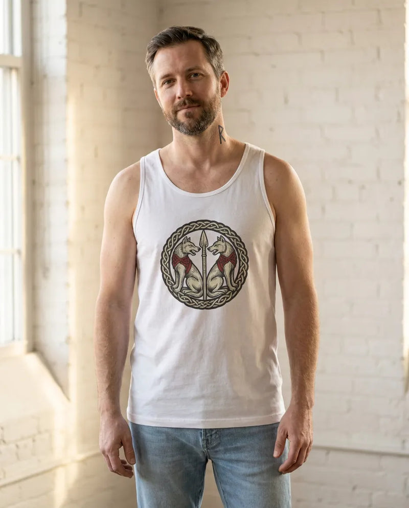 Odin's Wolves Geri & Freki Woodcut Tank Top - Soft Ring-Spun Cotton Jersey - Unisex White