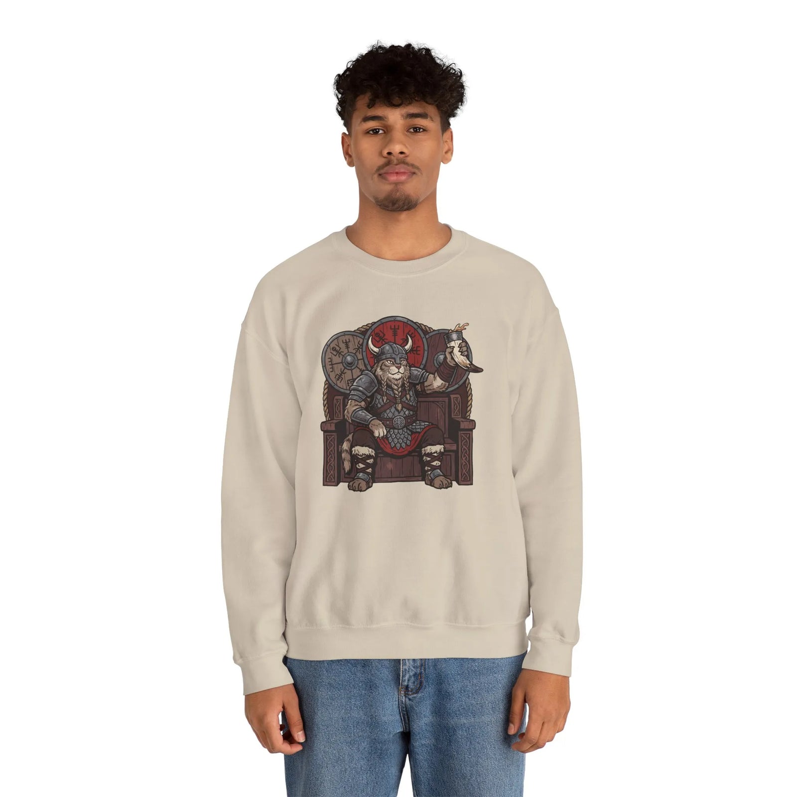 Viking Berserker Cats Graphic Sweatshirt - Heavy Blend Classic Fit Crewneck - Unisex White