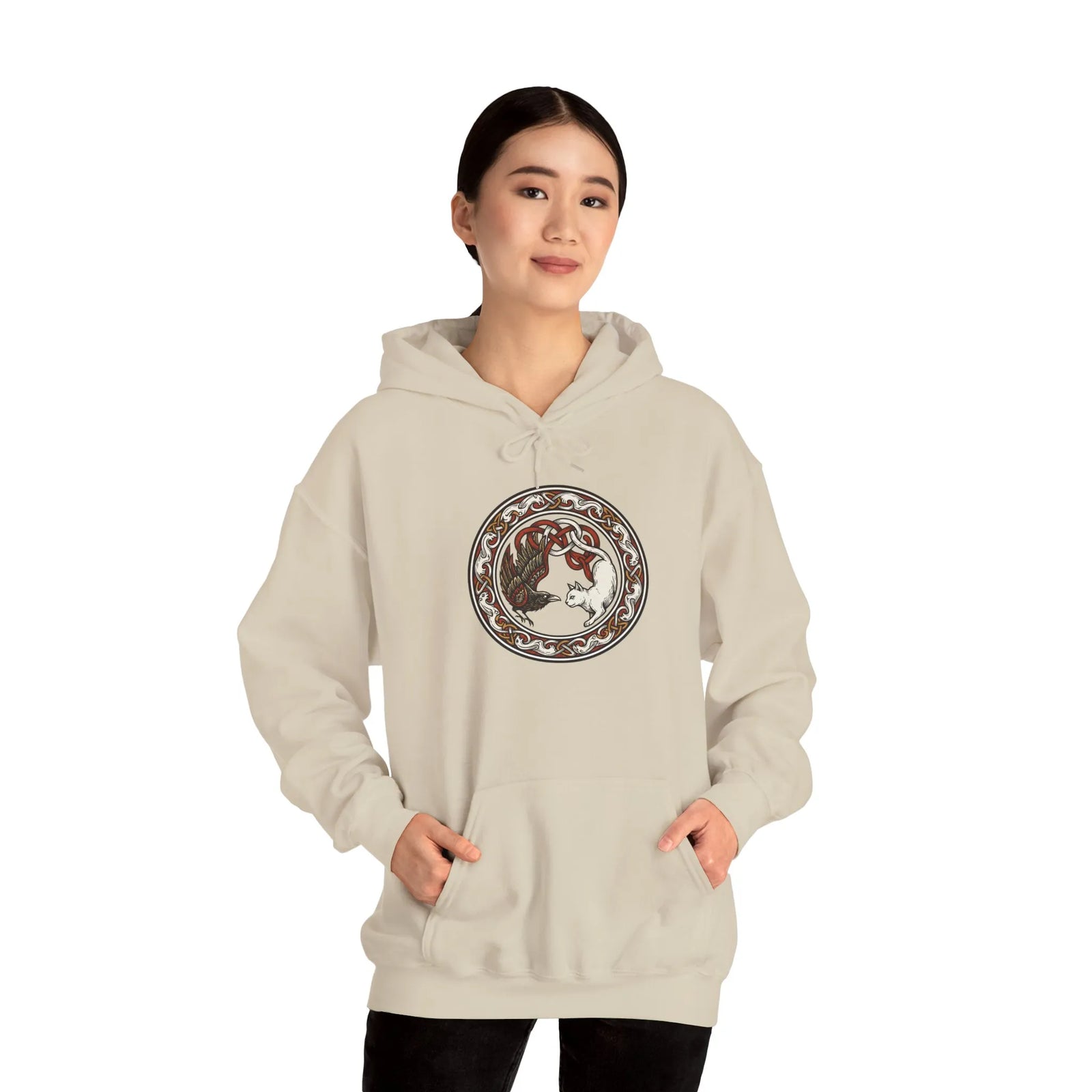 Freyja's Cats & Raven Norse Woodcut Hoodie - Soft Medium-Heavy Blend Pullover - Unisex White