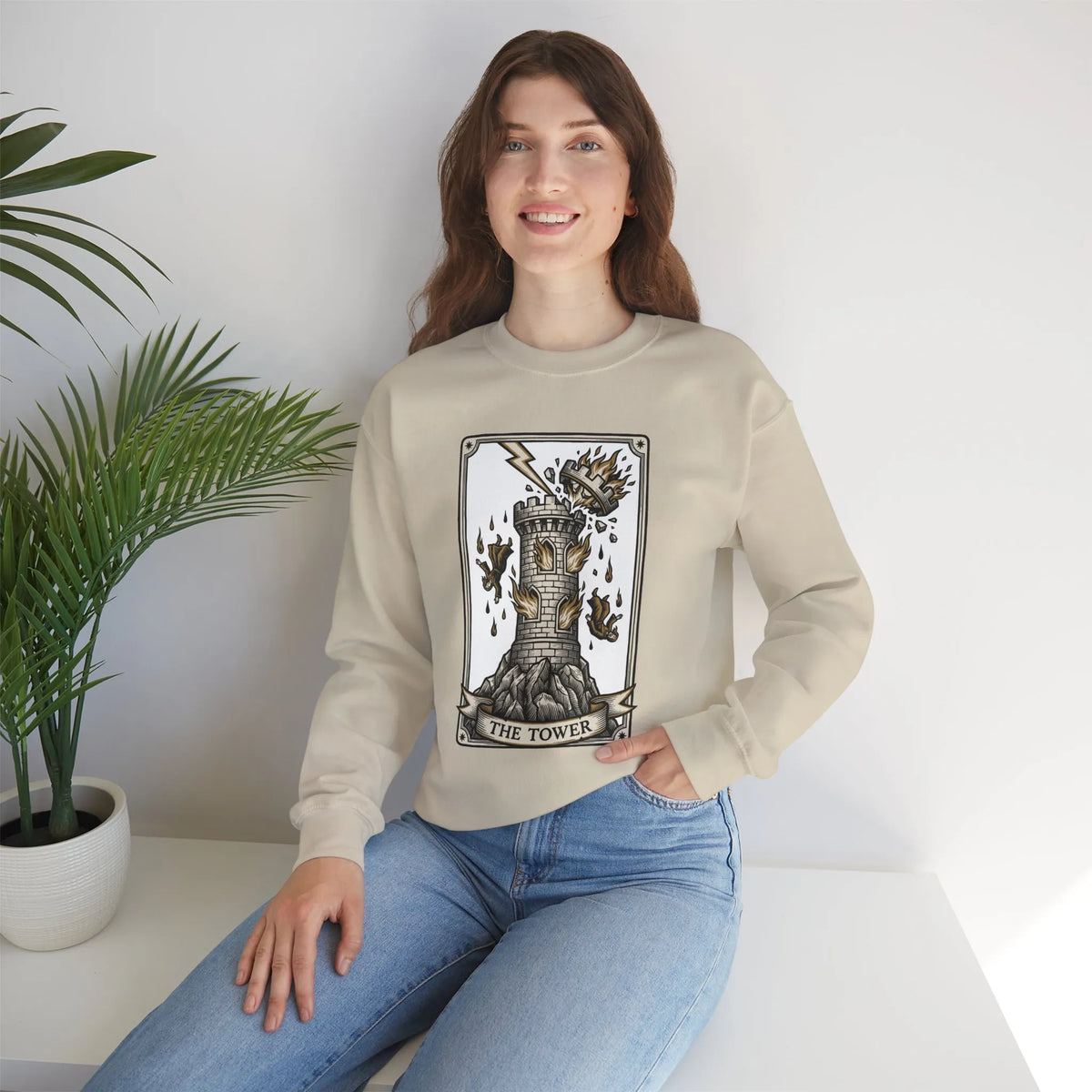 The Tower Tarot Card Sweatshirt - Heavy Blend Fleece Crewneck - Unisex White