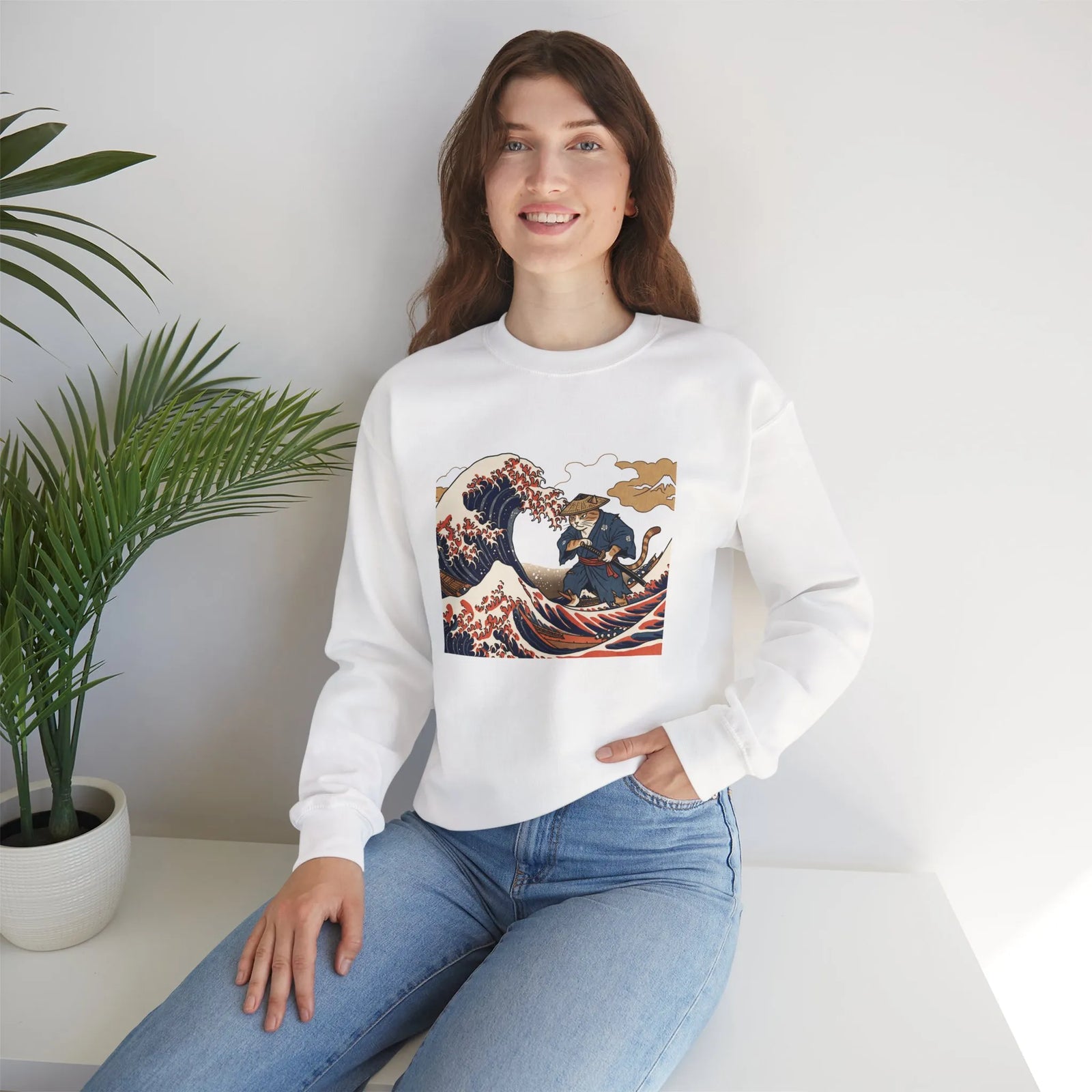 Ukiyo-e Samurai Cat Great Wave Sweatshirt - Heavy Blend Cotton Blend Crewneck - Unisex White