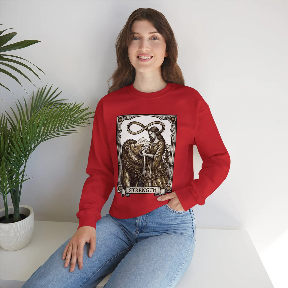 Strength Tarot Card Sweatshirt - Heavy Blend Crewneck Fleece - Unisex White