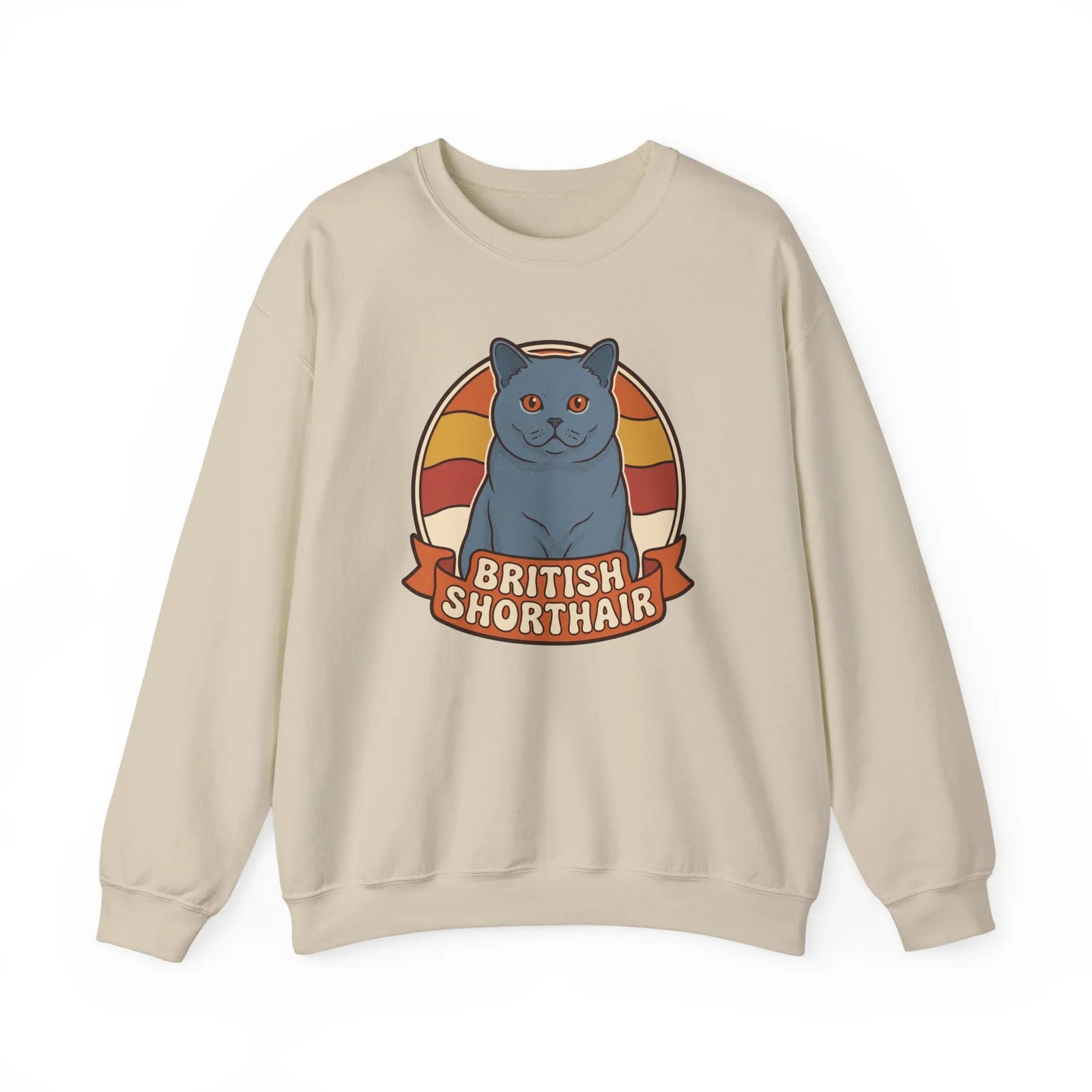 British Shorthair Retro Sunset Cat Sweatshirt - Heavy Blend Fleece Crewneck - Unisex White