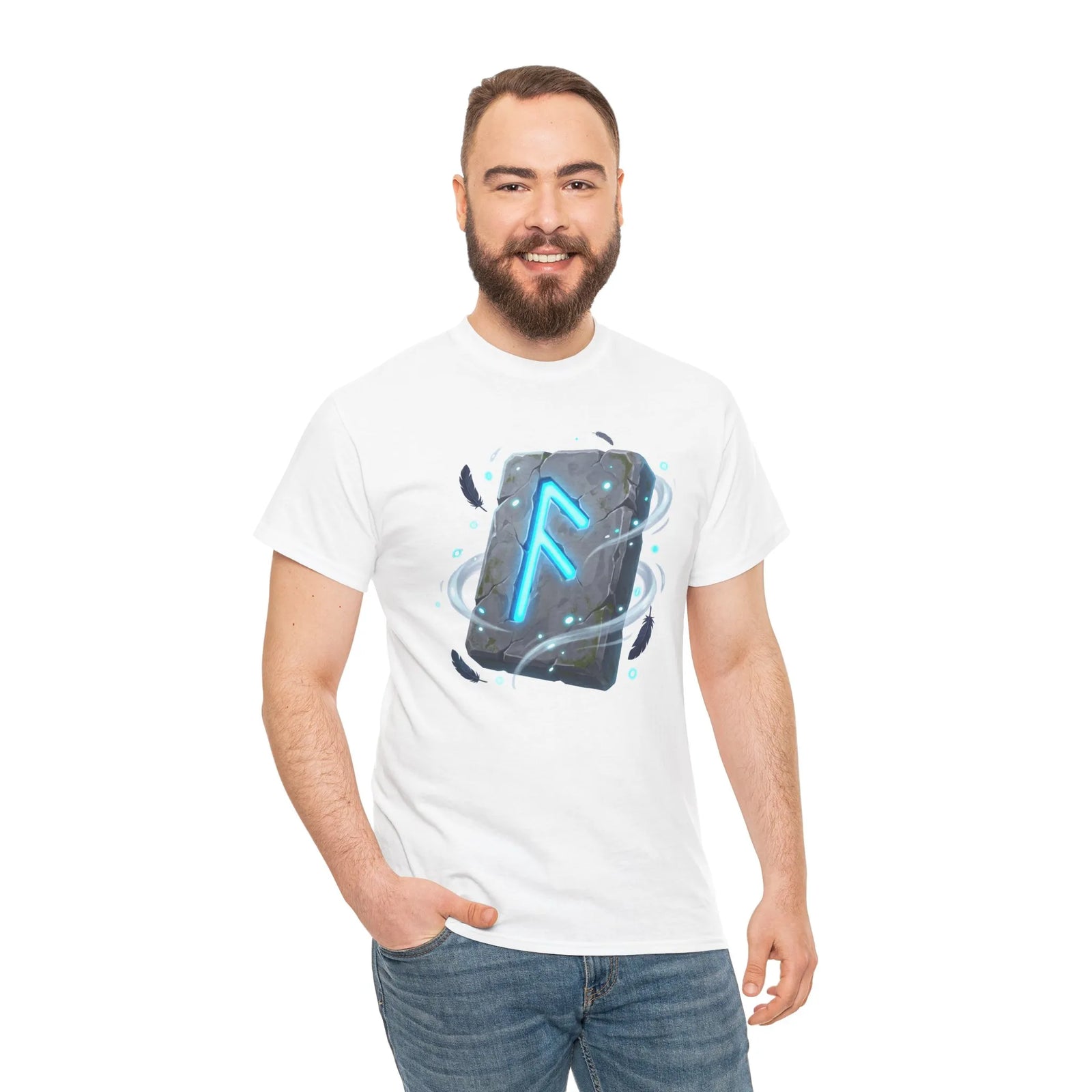 Ansuz Rune Odin's Raven Graphic T-Shirt - Heavy Cotton Classic Fit Crewneck Tee - Unisex White