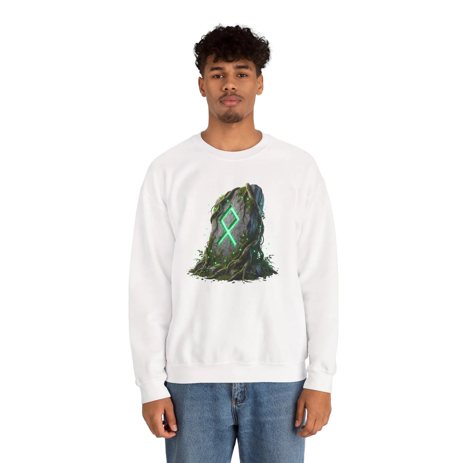 Othala Rune Ancient Stone Sweatshirt - Heavy Blend Cotton Polyester Crewneck - Unisex White