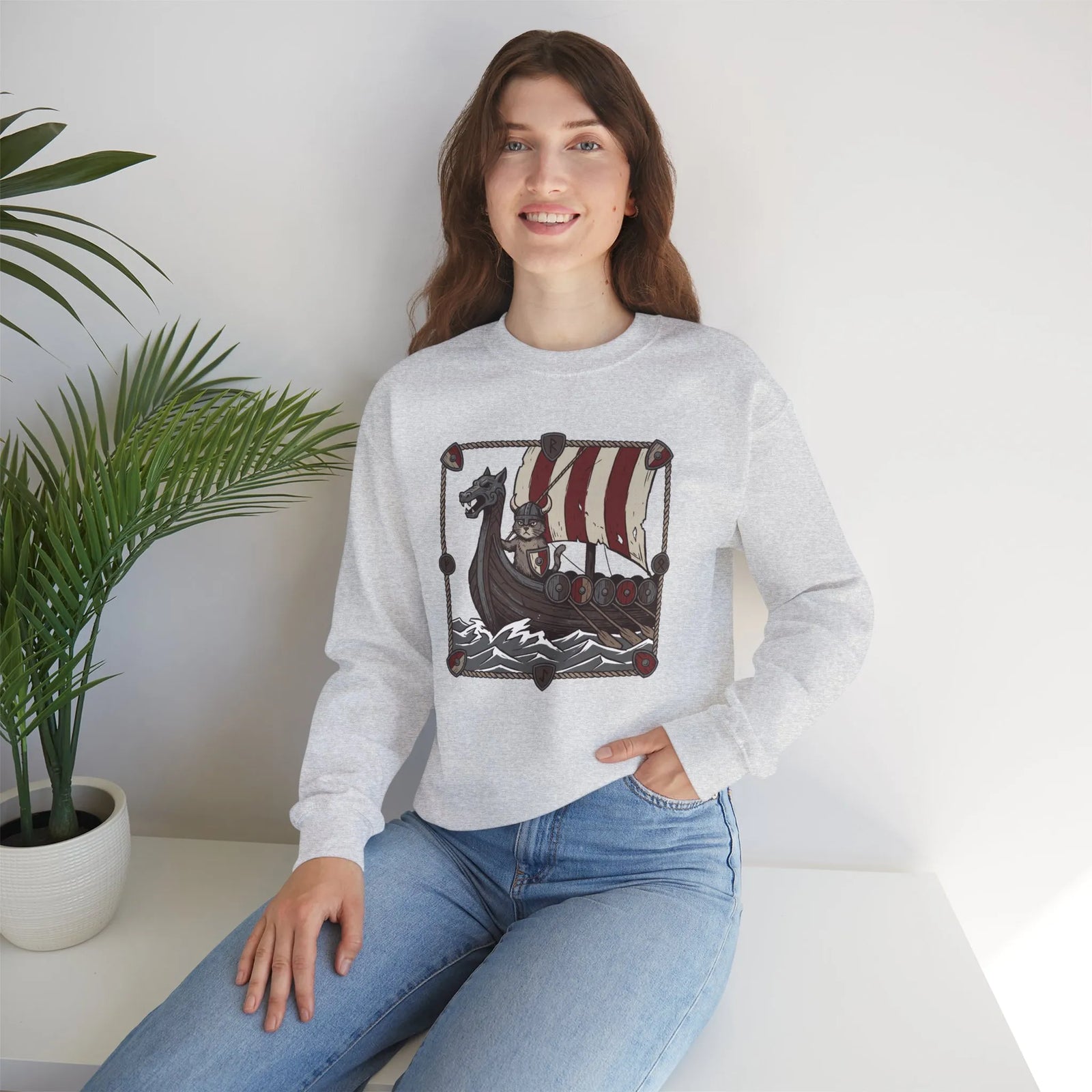 Longship Prow Viking Berserker Cats Sweatshirt - Heavyweight Cotton Blend Crewneck - Unisex White