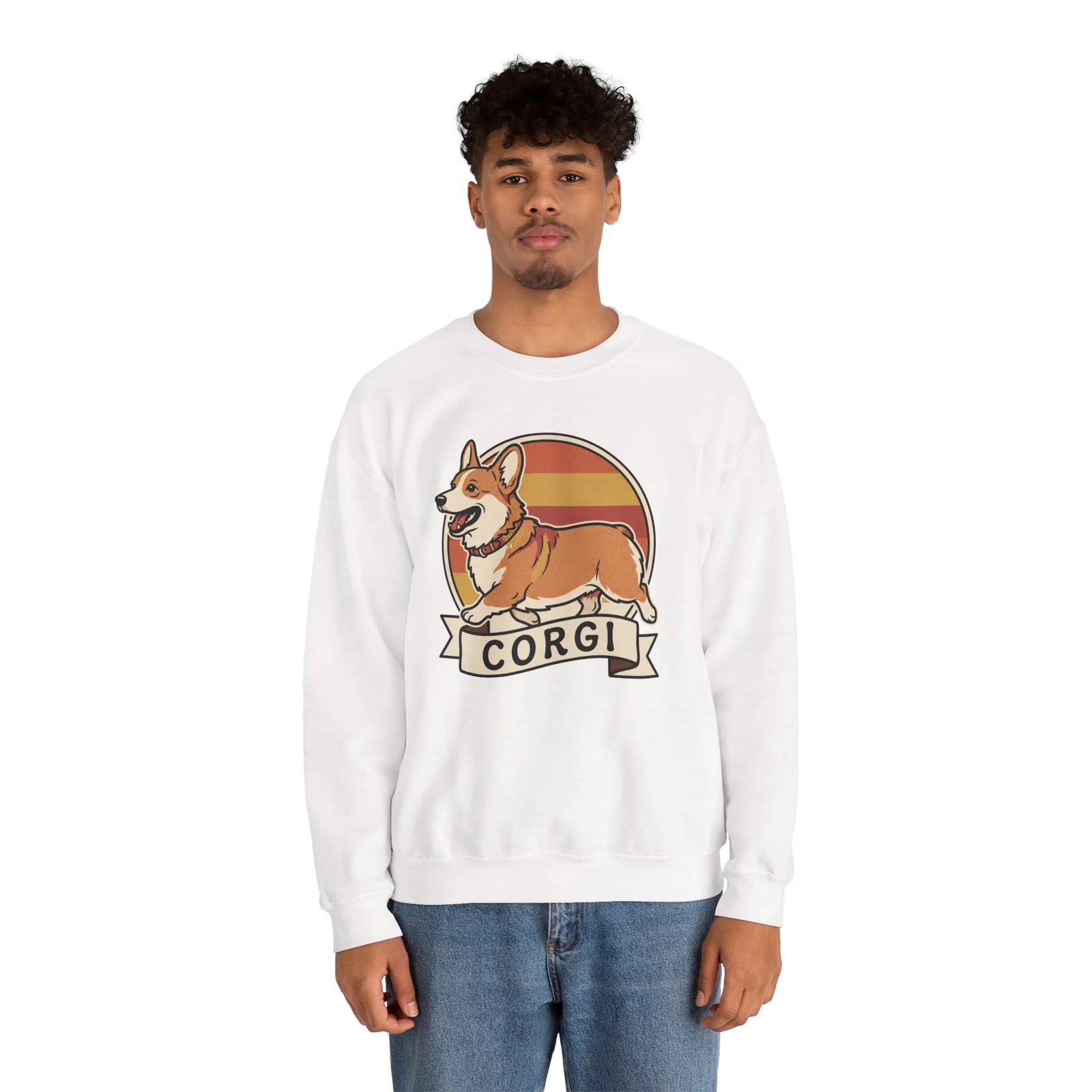 Retro 70s Sunset Corgi Sweatshirt - Classic Fit Cotton-Poly Crewneck - Unisex White