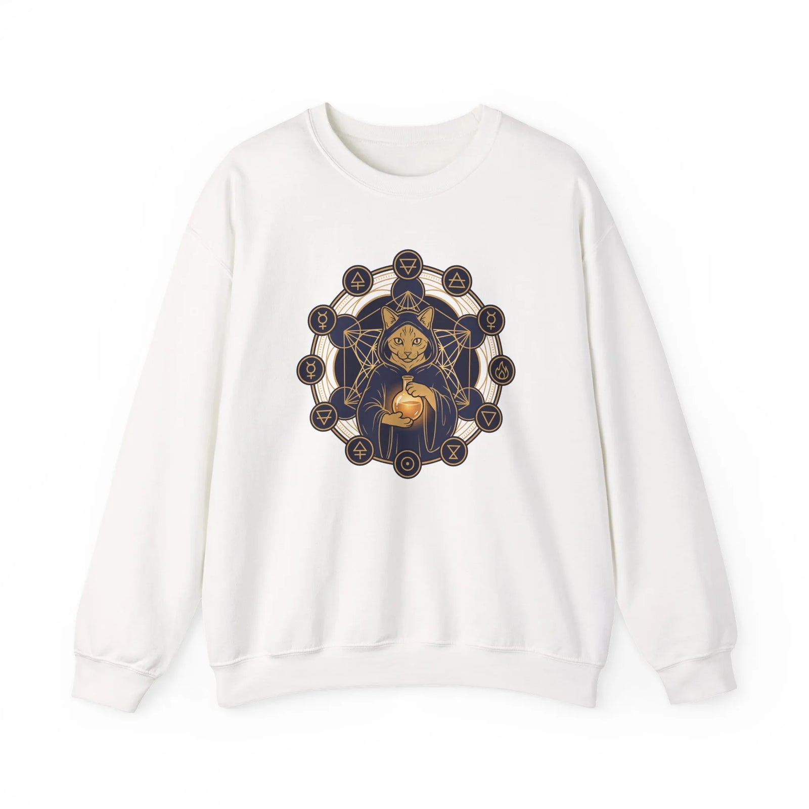 Sacred Geometry Alchemist Cat Sweatshirt - Heavy Blend Fleece Crewneck - Unisex White