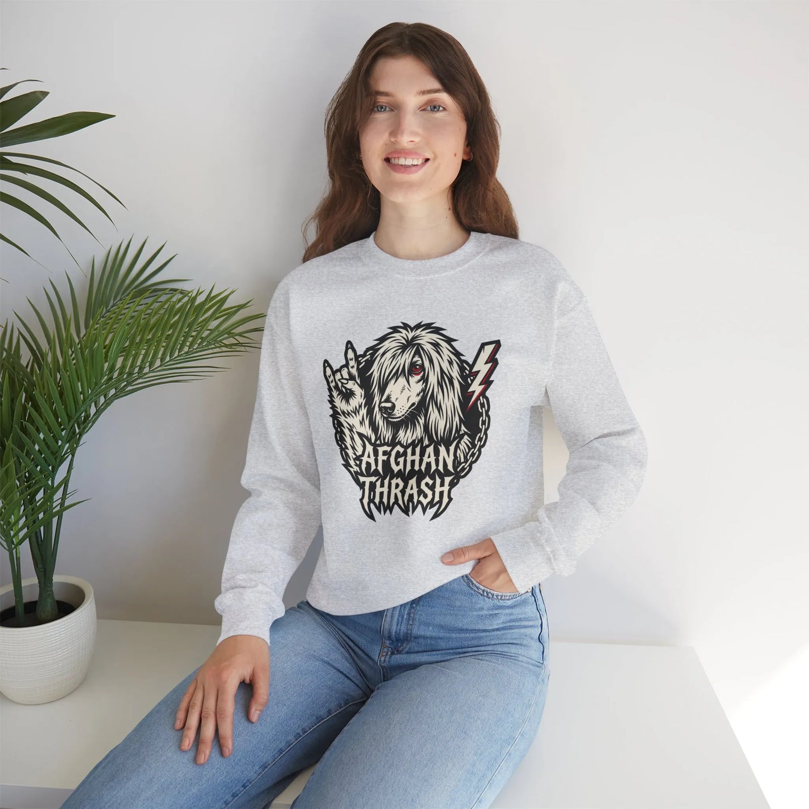 Headbanger Heavy Metal Dog Graphic Sweatshirt - Heavyweight Cotton Blend Fleece - Unisex White