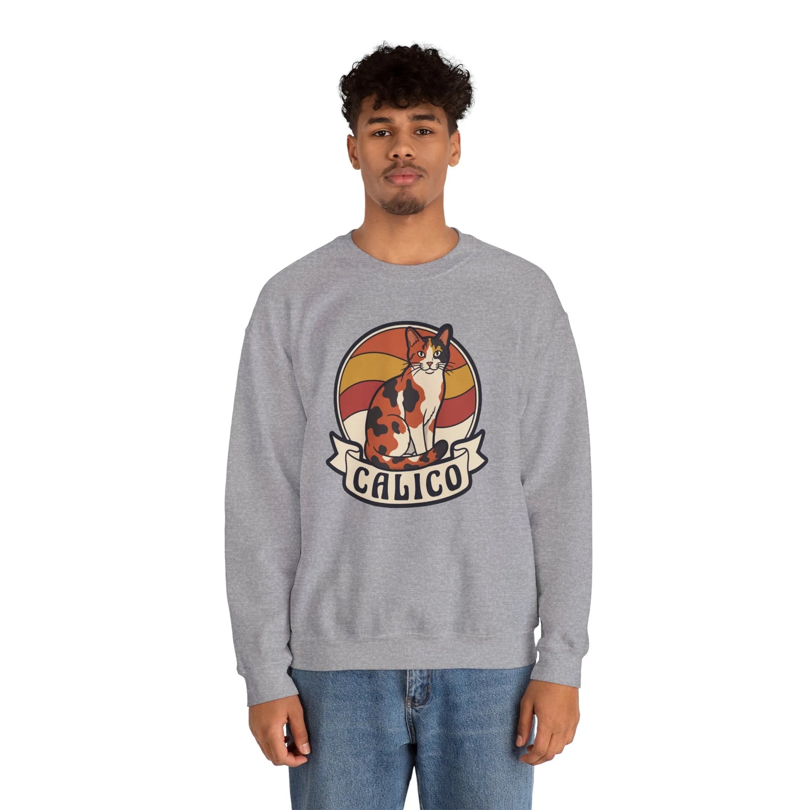 Calico Cat Retro 70s Sunset Sweatshirt - Heavy Blend Classic Fit Fleece - Unisex White
