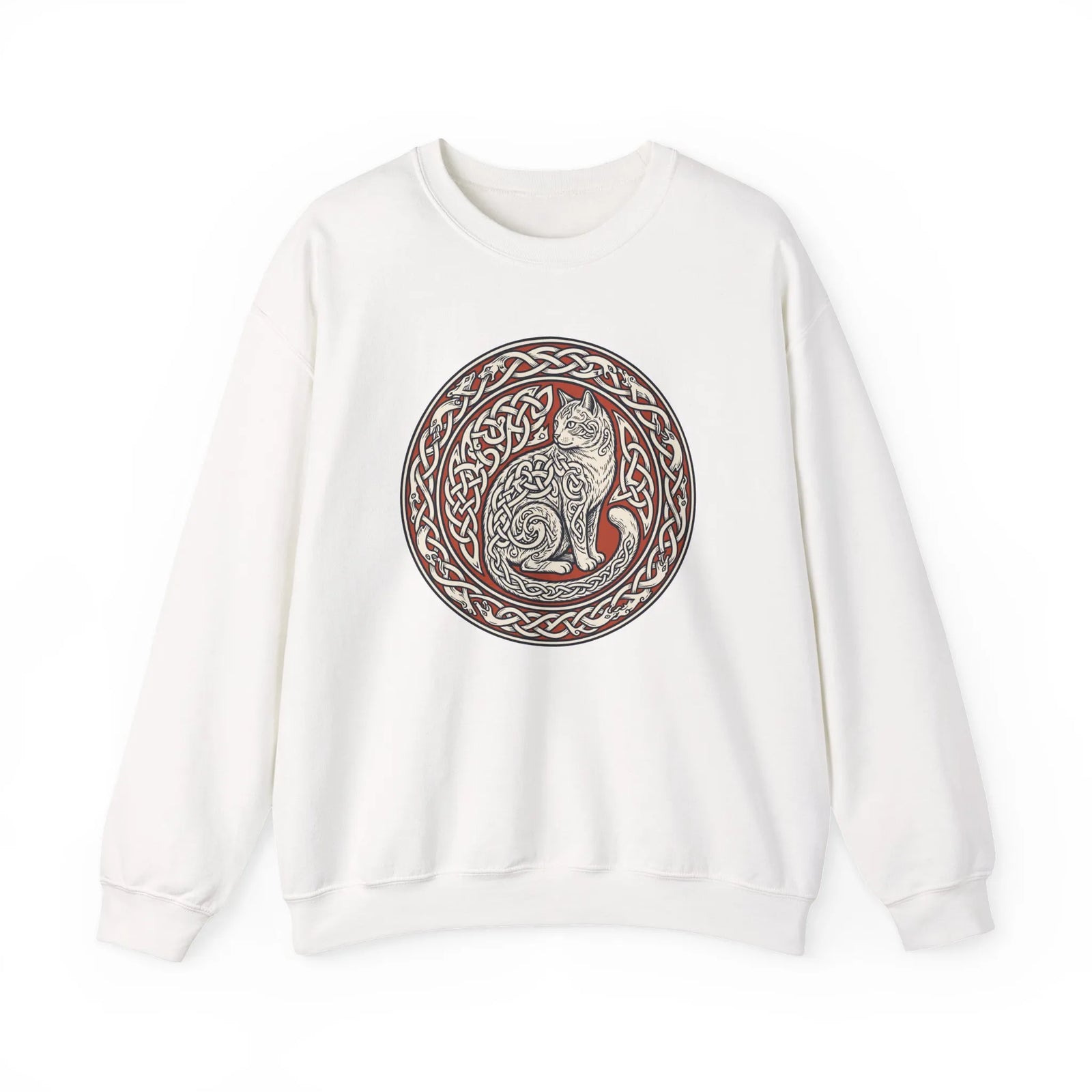 Norse Knotwork Cat Graphic Sweatshirt - Heavy Blend Cotton Blend Crewneck - Unisex White