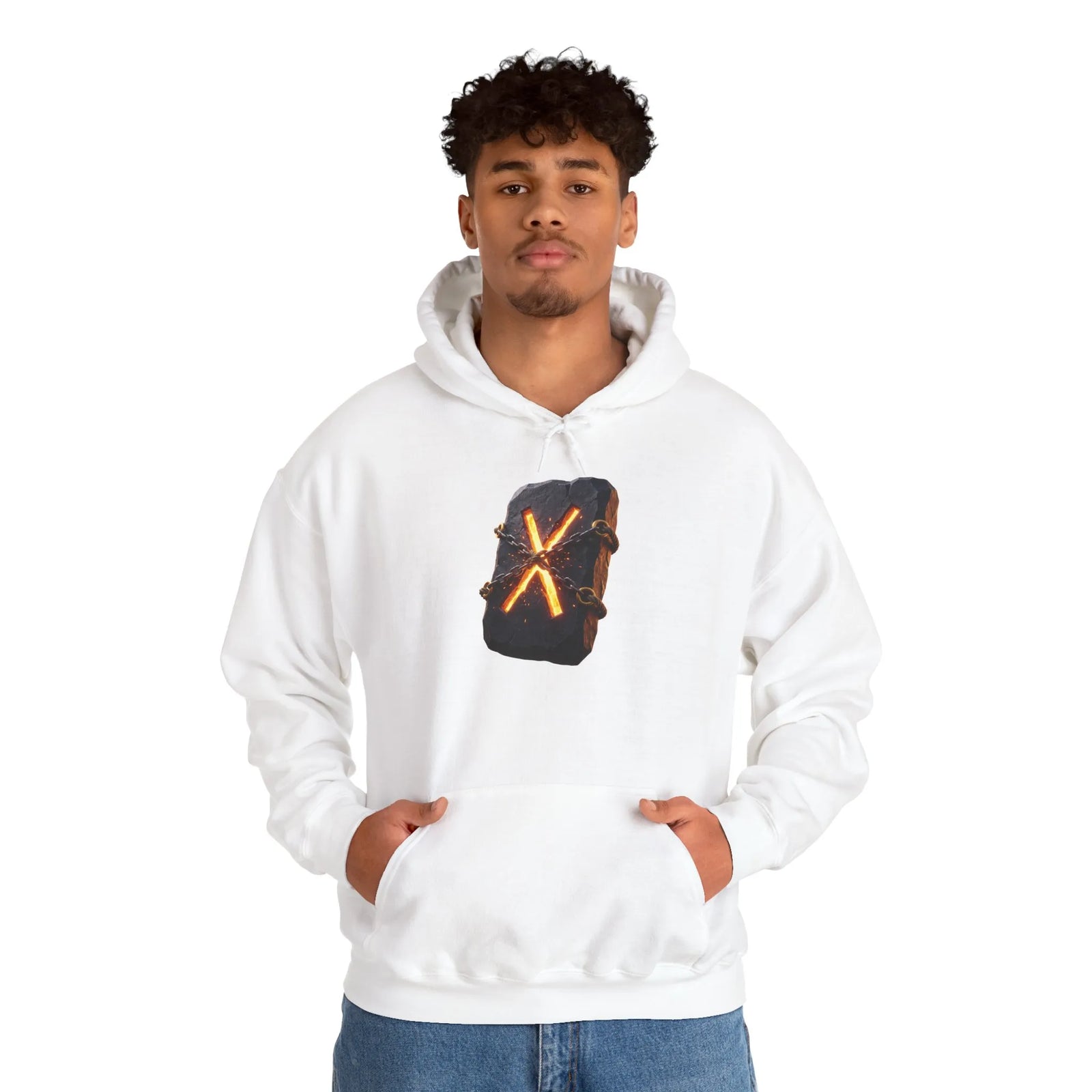 Gebo Rune Symbol Hoodie - Cozy Cotton Blend Fleece Pullover - Unisex White
