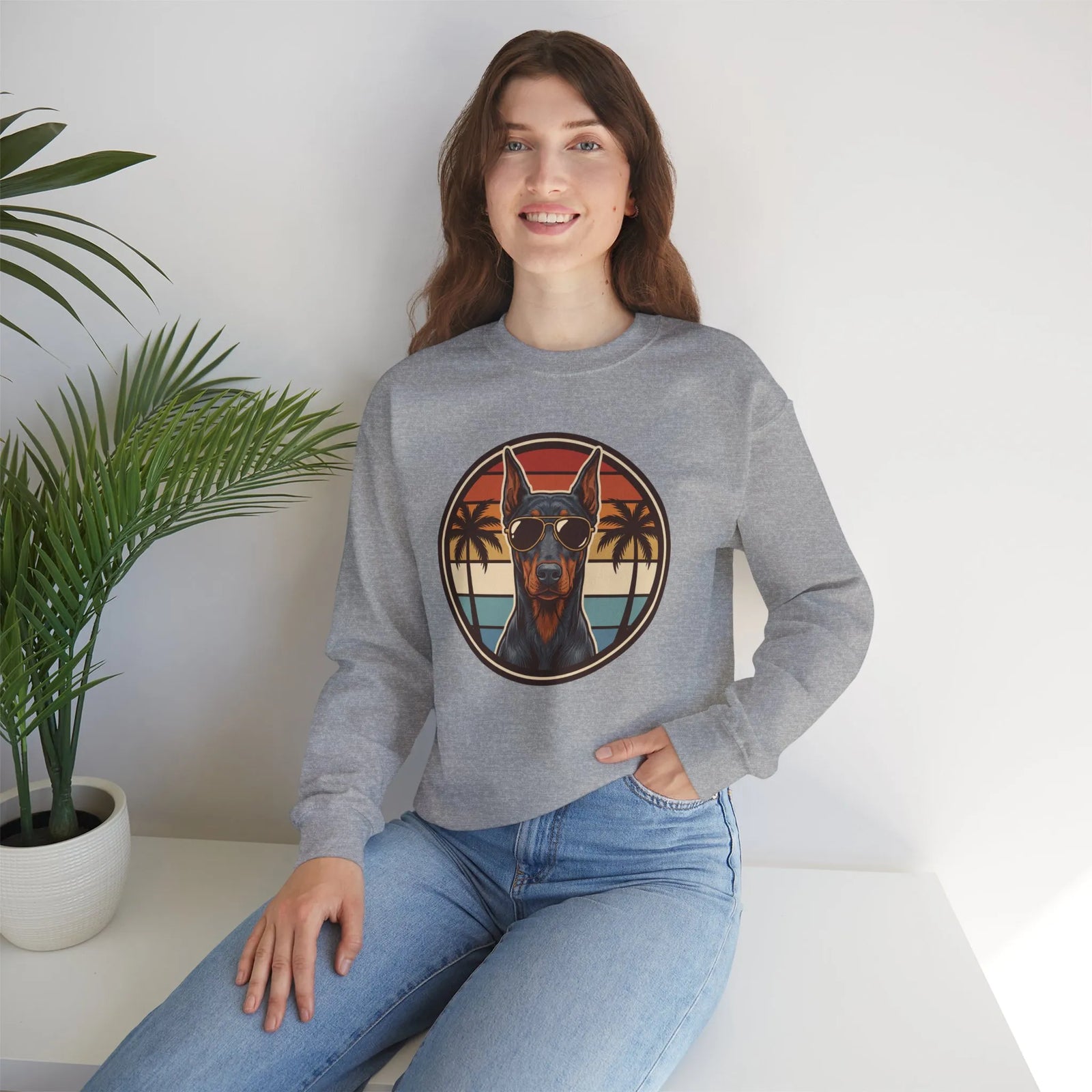 Doberman 70s Sunset Aviators Sweatshirt - Heavy Blend Fleece Crewneck - Unisex White