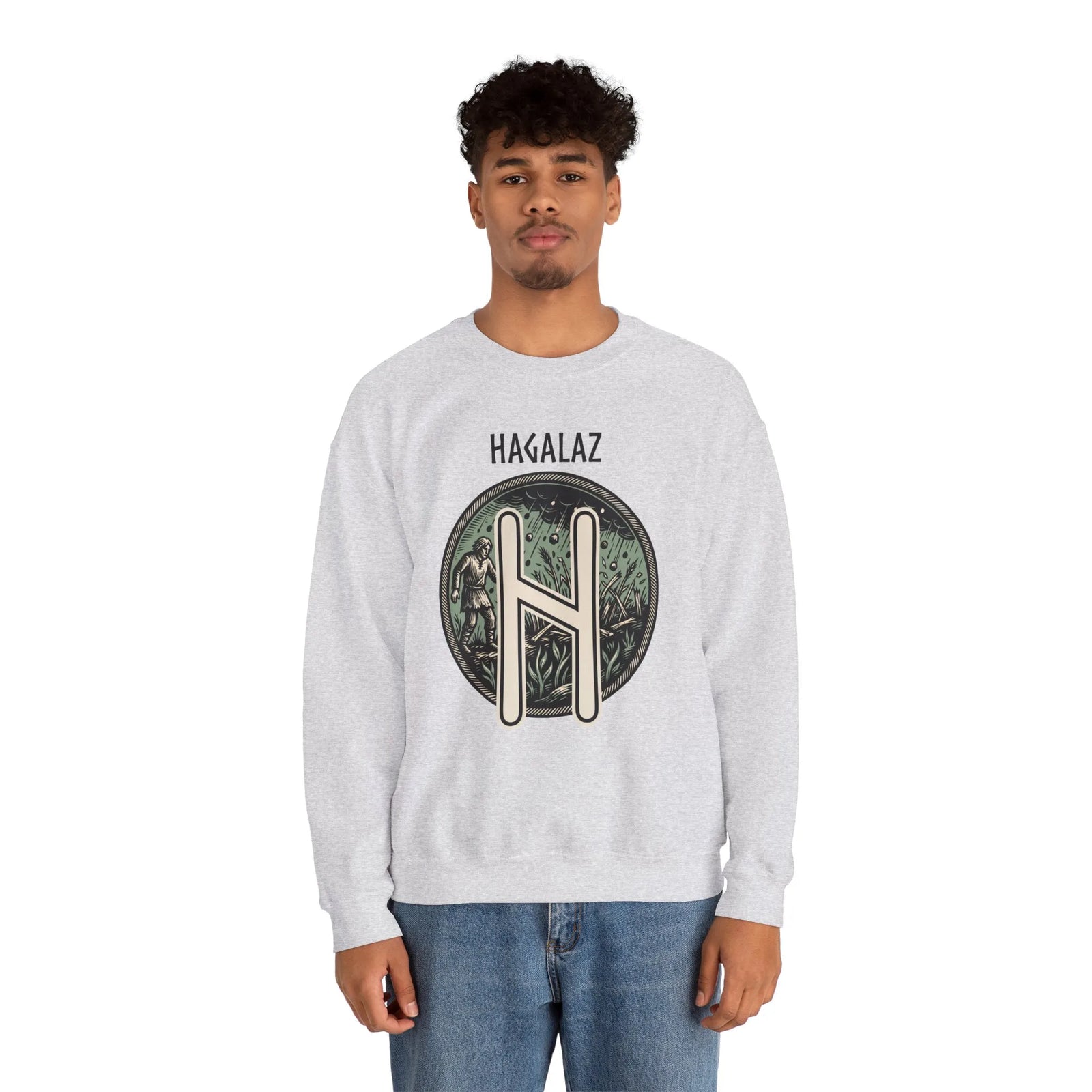 Hagalaz Rune Hail Graphic Sweatshirt - Medium-Heavy Cotton Blend Crewneck - Unisex White