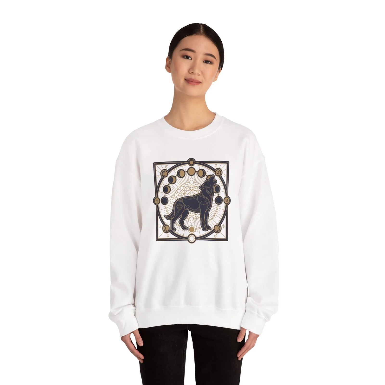 Sacred Geometry Spirit Dog Sweatshirt - Heavyweight Cotton Blend Crewneck - Unisex White
